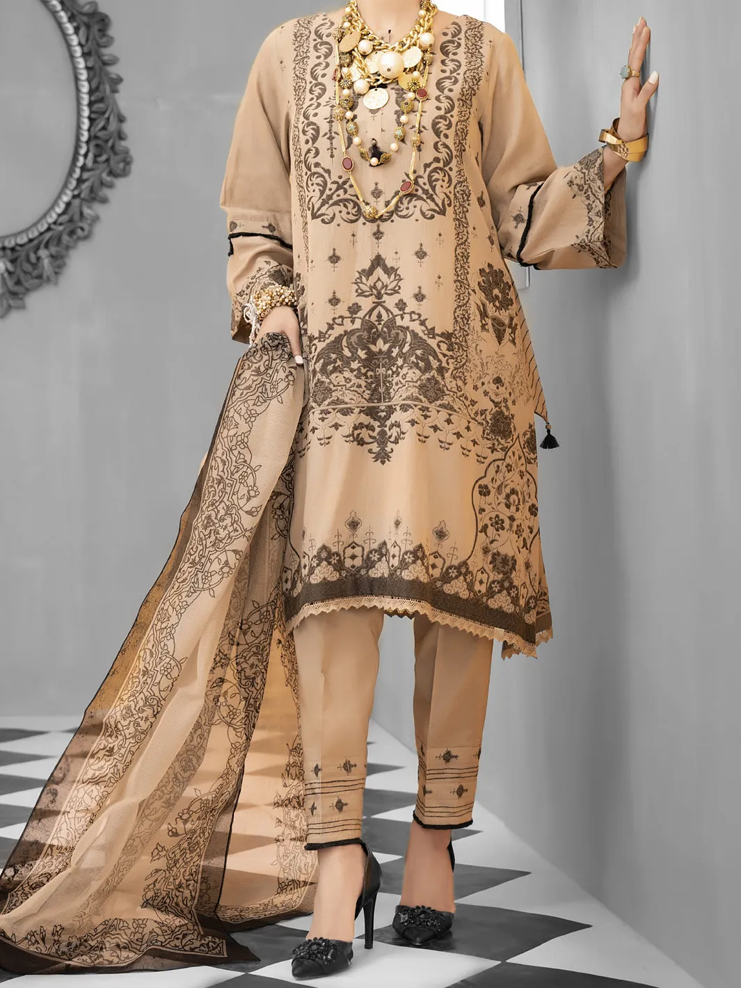Beige Jacquard 3 Piece Stitched - ALP-1029