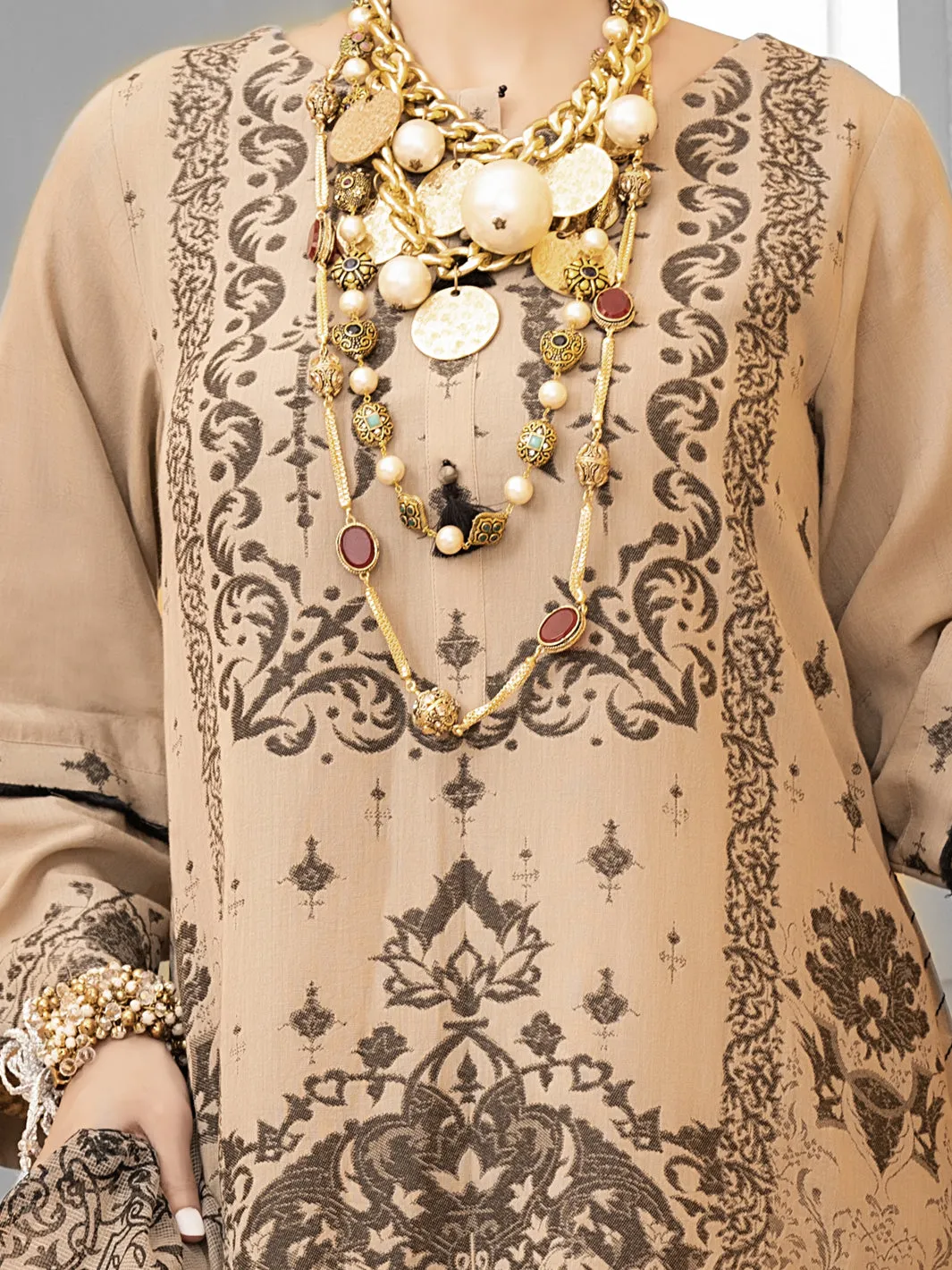 Beige Jacquard 3 Piece Stitched - ALP-1029