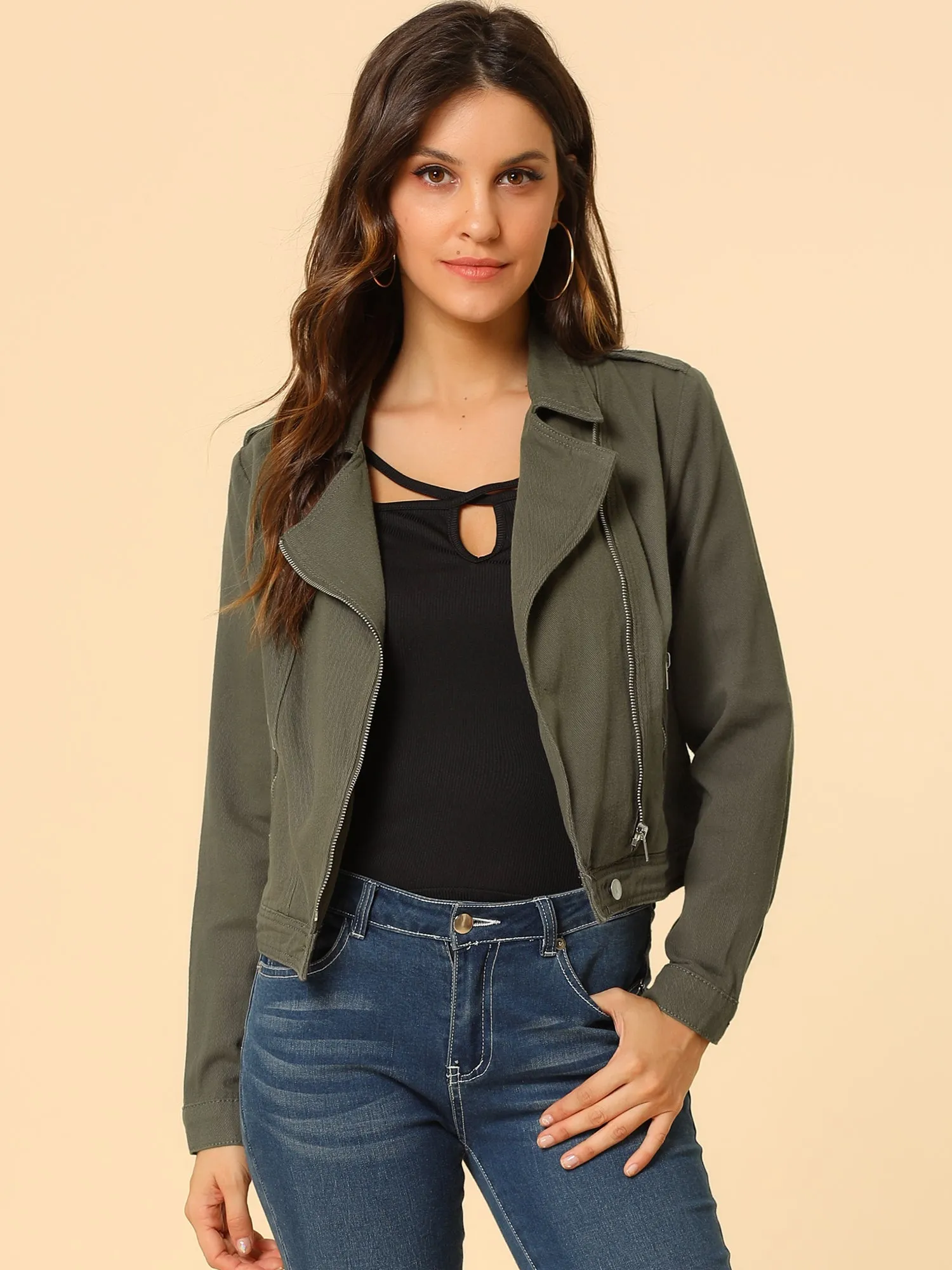 Biker Notched Lapel Asymmetric Zip Moto Denim Jackets