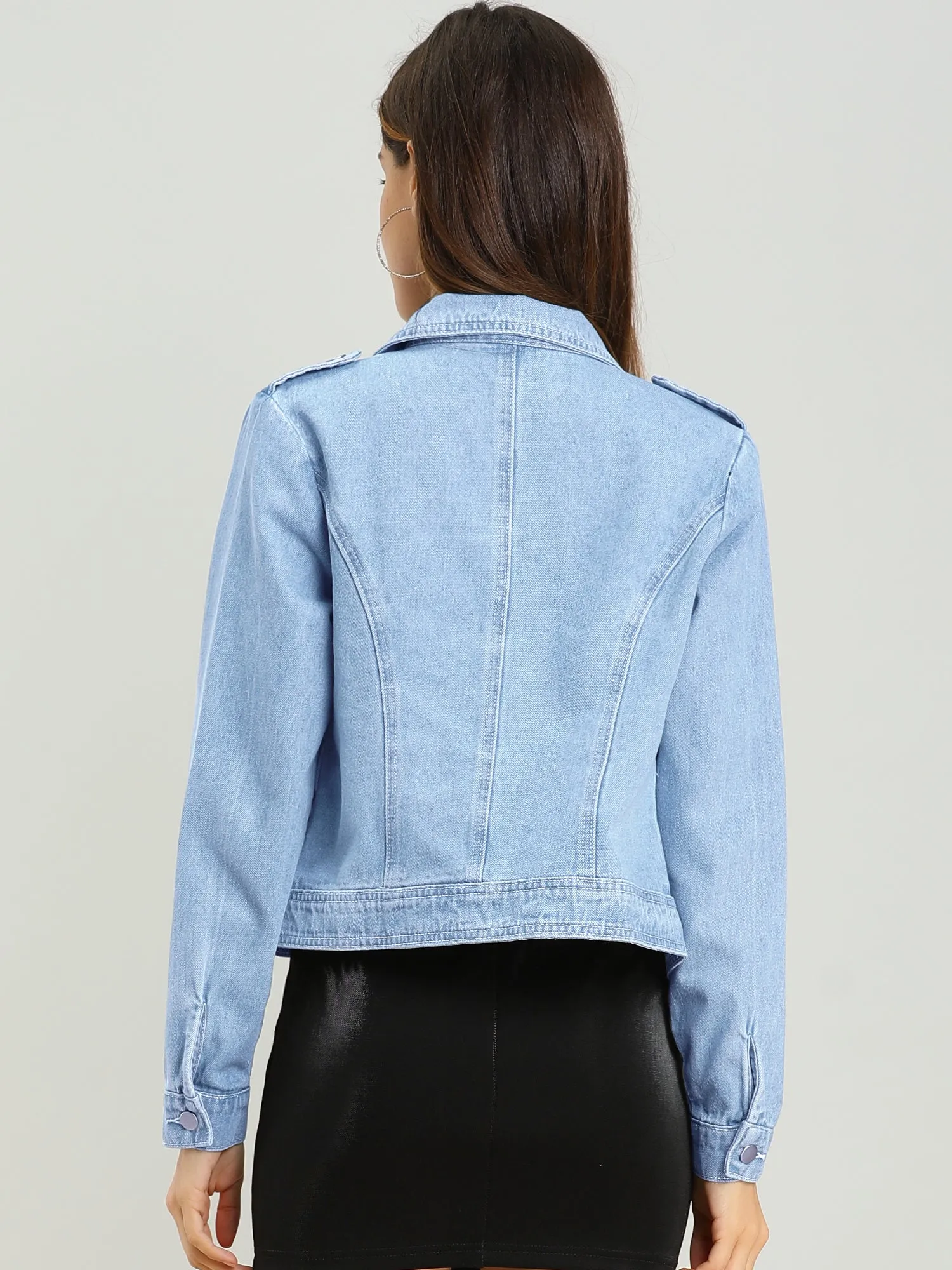 Biker Notched Lapel Asymmetric Zip Moto Denim Jackets