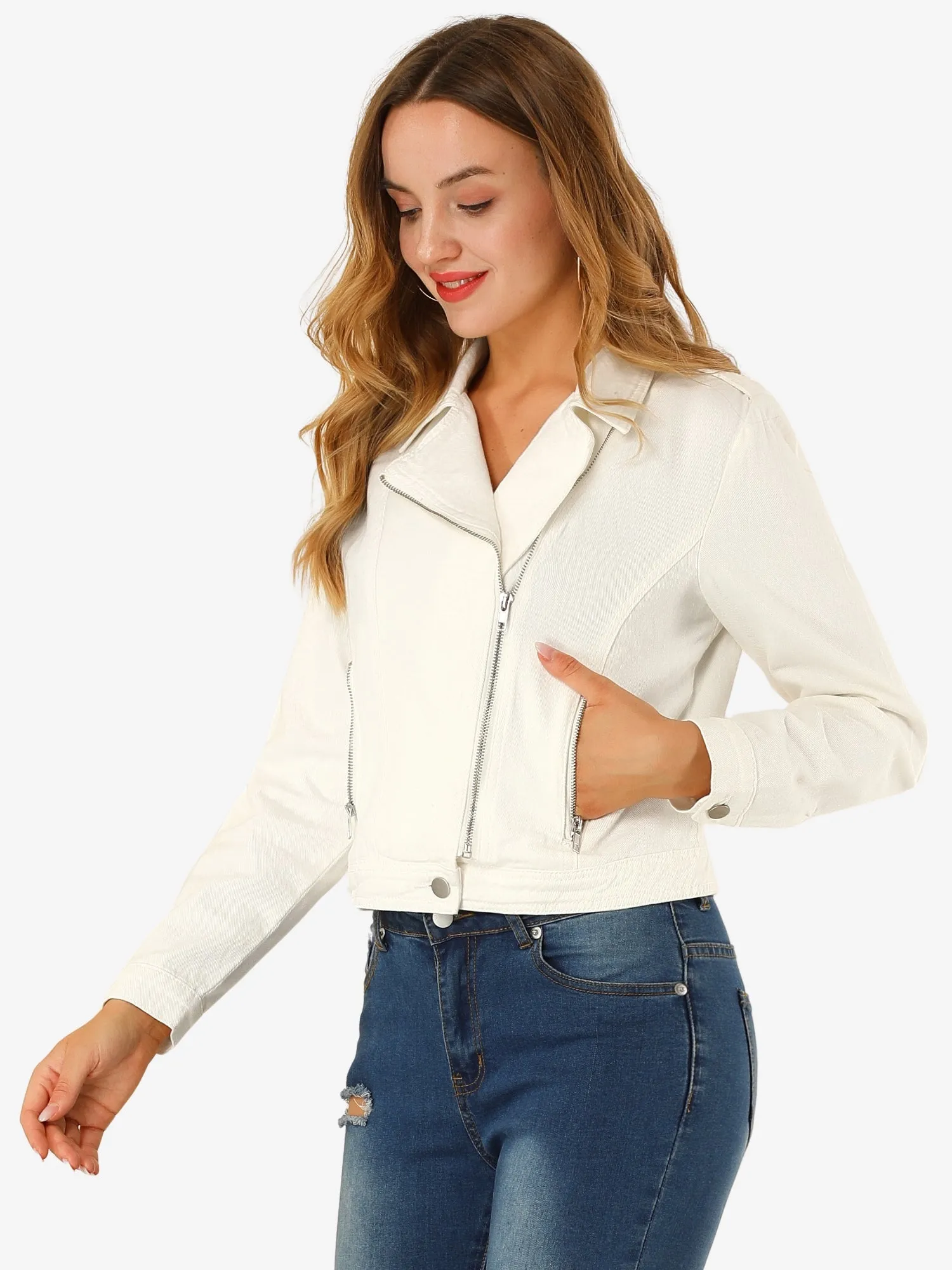 Biker Notched Lapel Asymmetric Zip Moto Denim Jackets