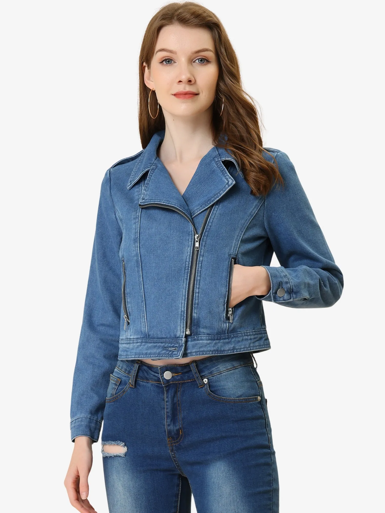 Biker Notched Lapel Asymmetric Zip Moto Denim Jackets