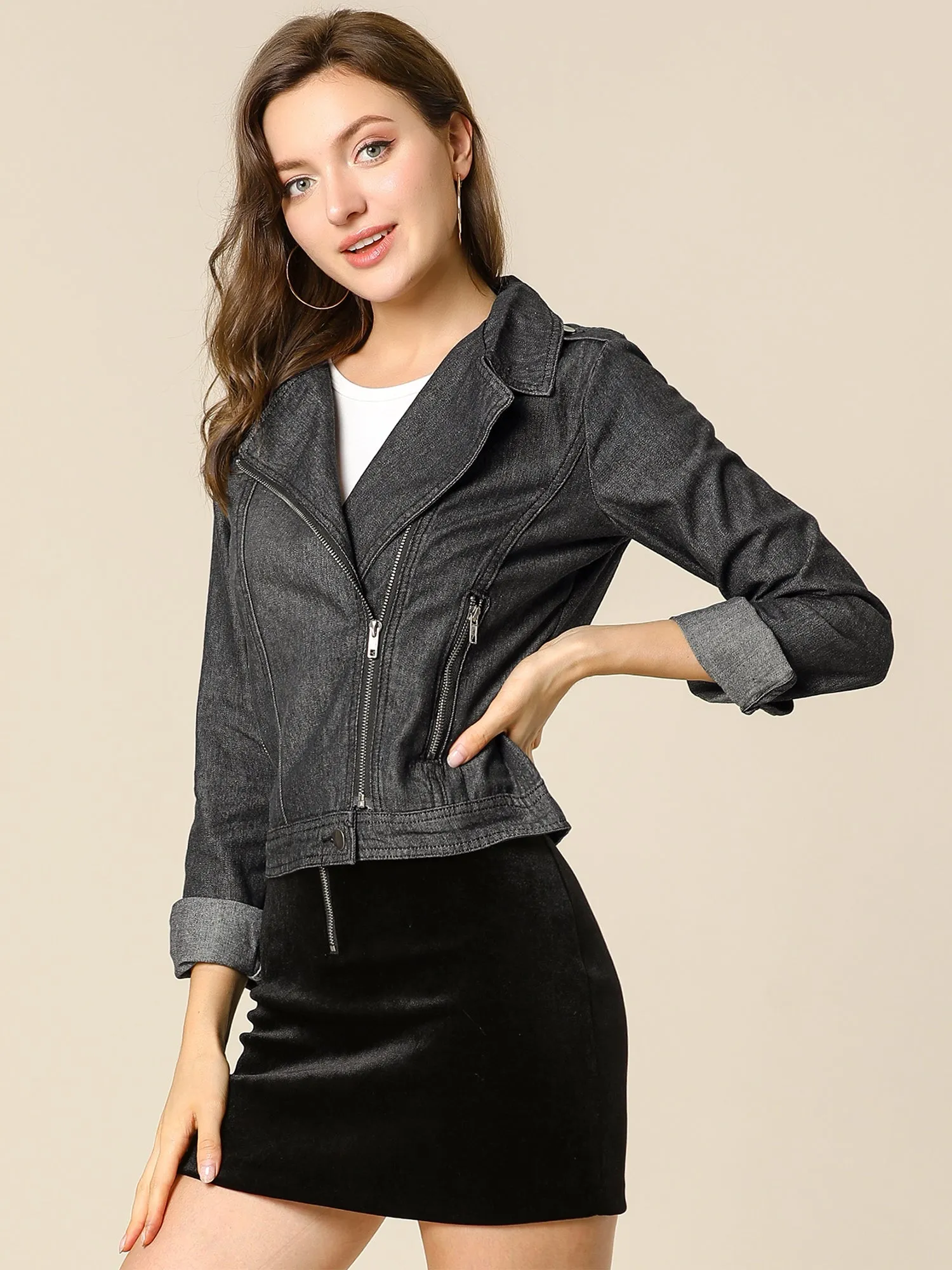 Biker Notched Lapel Asymmetric Zip Moto Denim Jackets