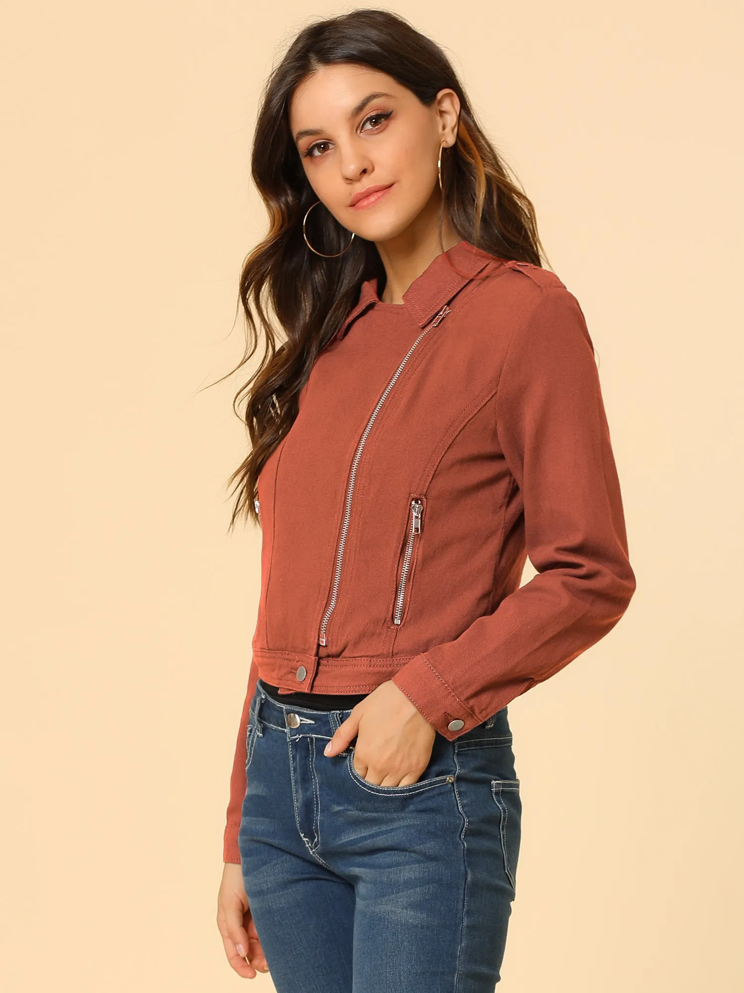 Biker Notched Lapel Asymmetric Zip Moto Denim Jackets