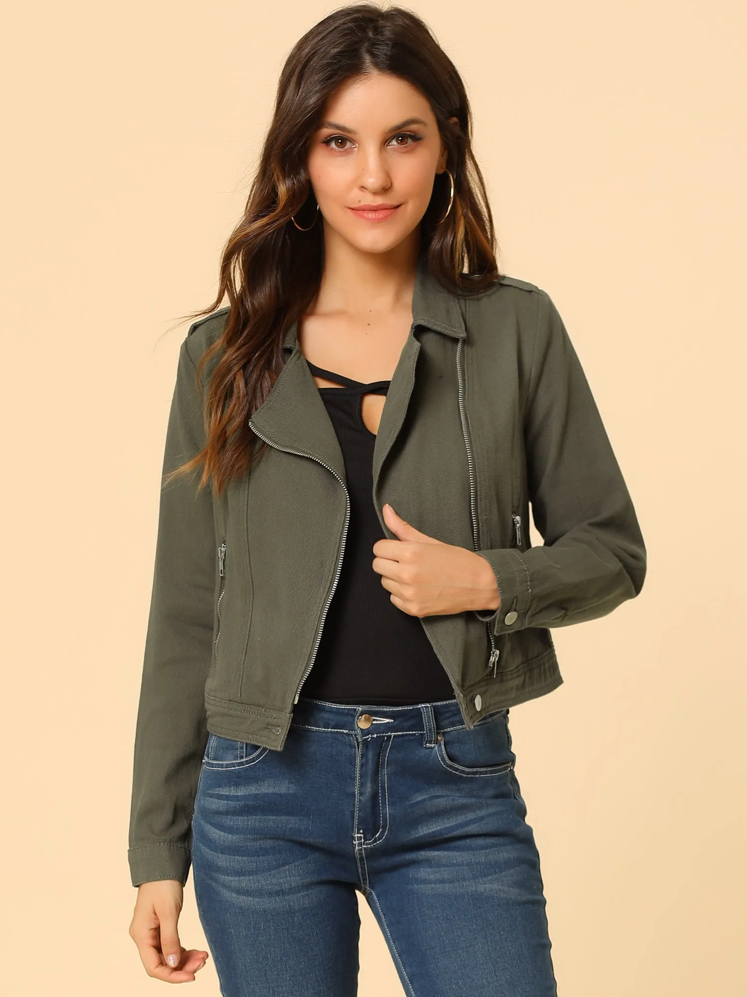 Biker Notched Lapel Asymmetric Zip Moto Denim Jackets