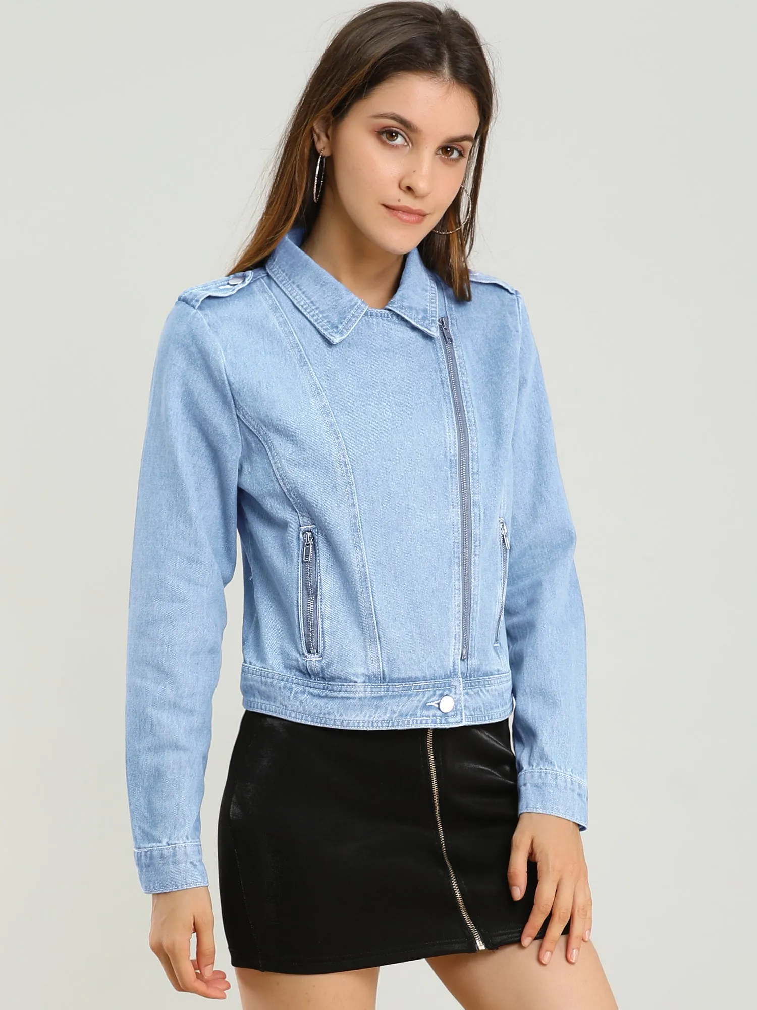 Biker Notched Lapel Asymmetric Zip Moto Denim Jackets