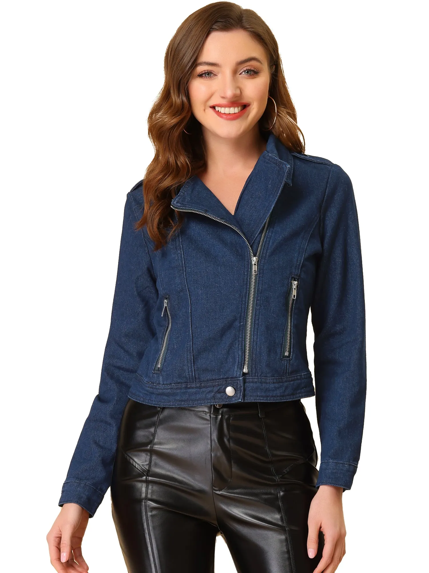 Biker Notched Lapel Asymmetric Zip Moto Denim Jackets