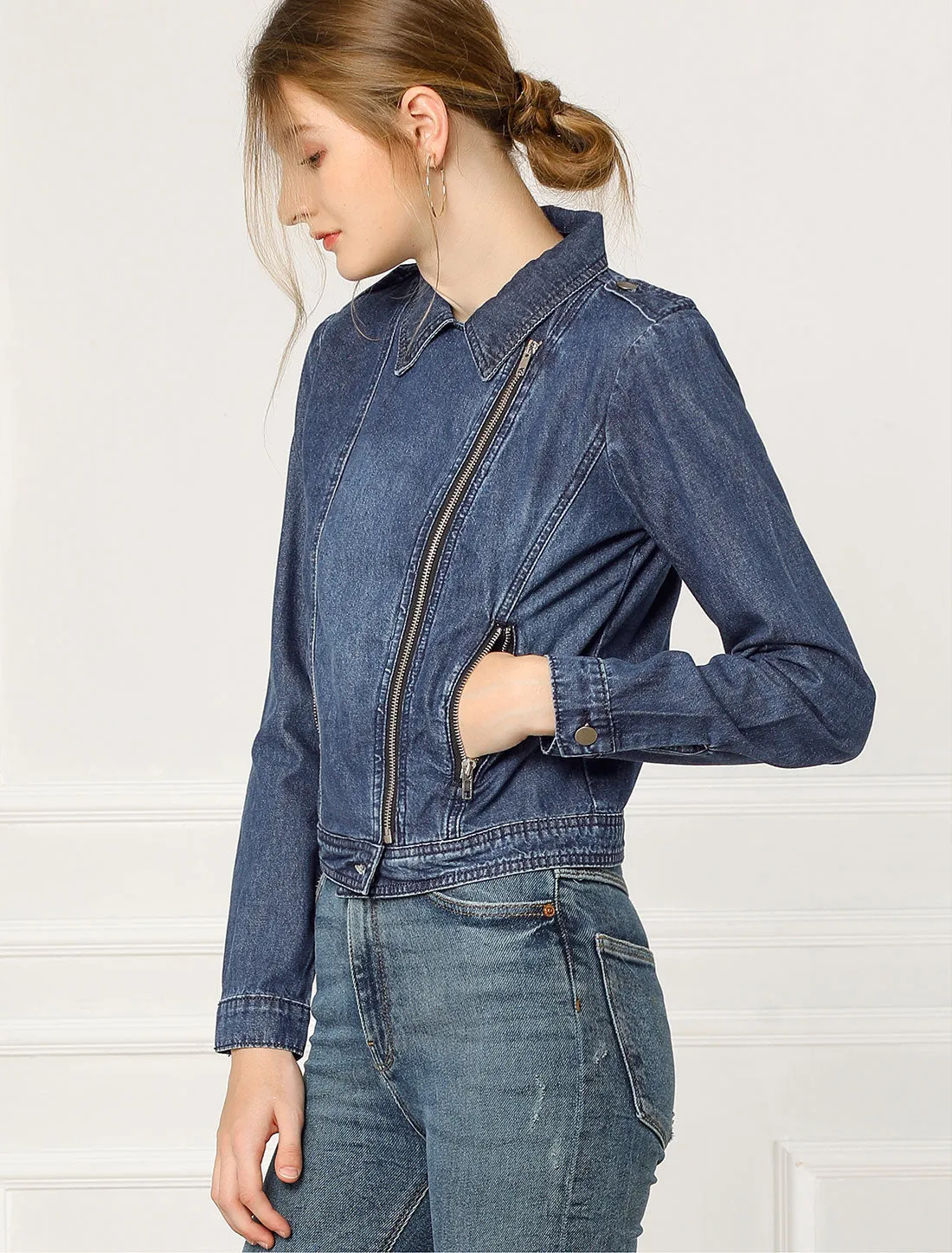 Biker Notched Lapel Asymmetric Zip Moto Denim Jackets