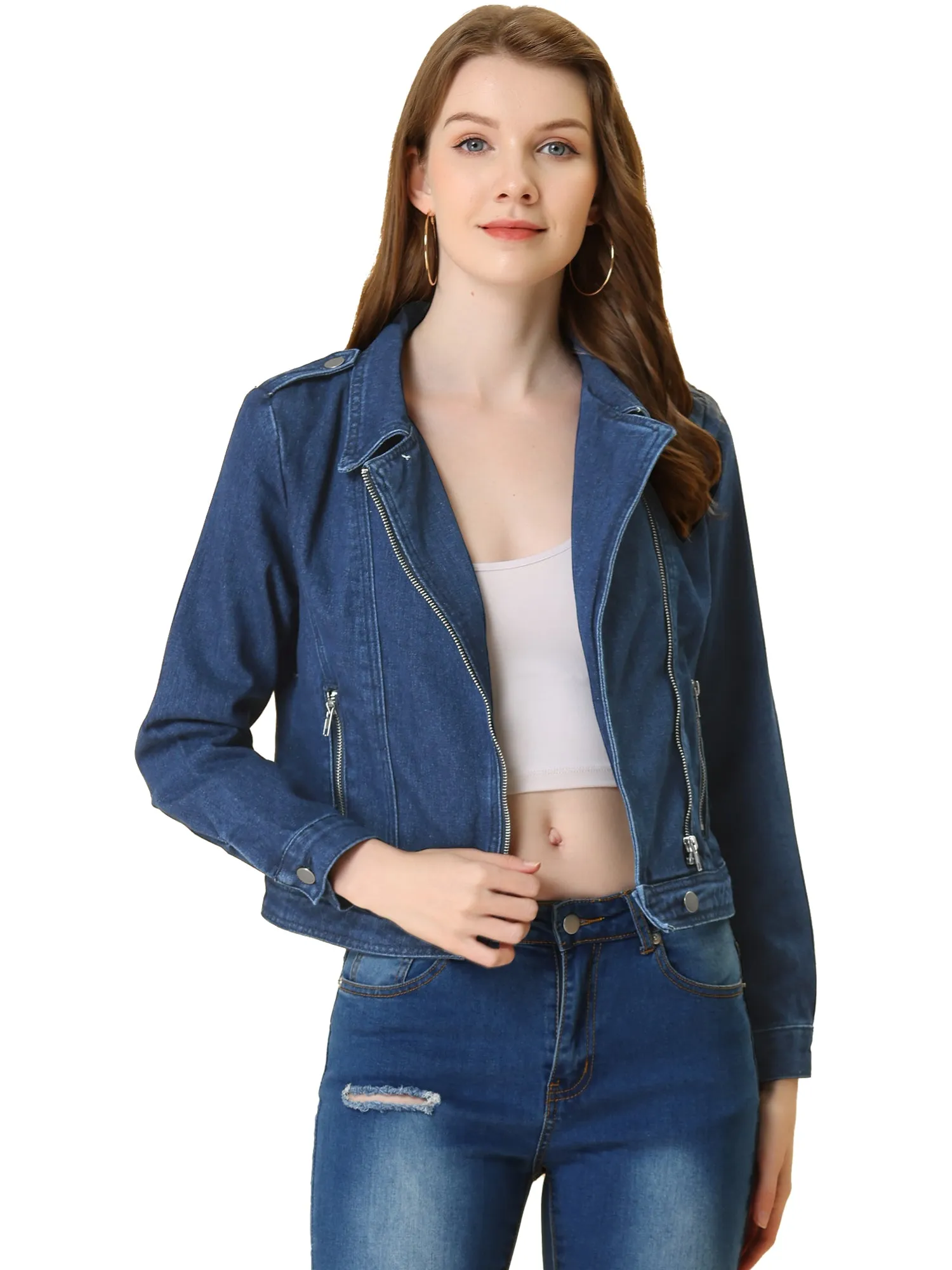 Biker Notched Lapel Asymmetric Zip Moto Denim Jackets
