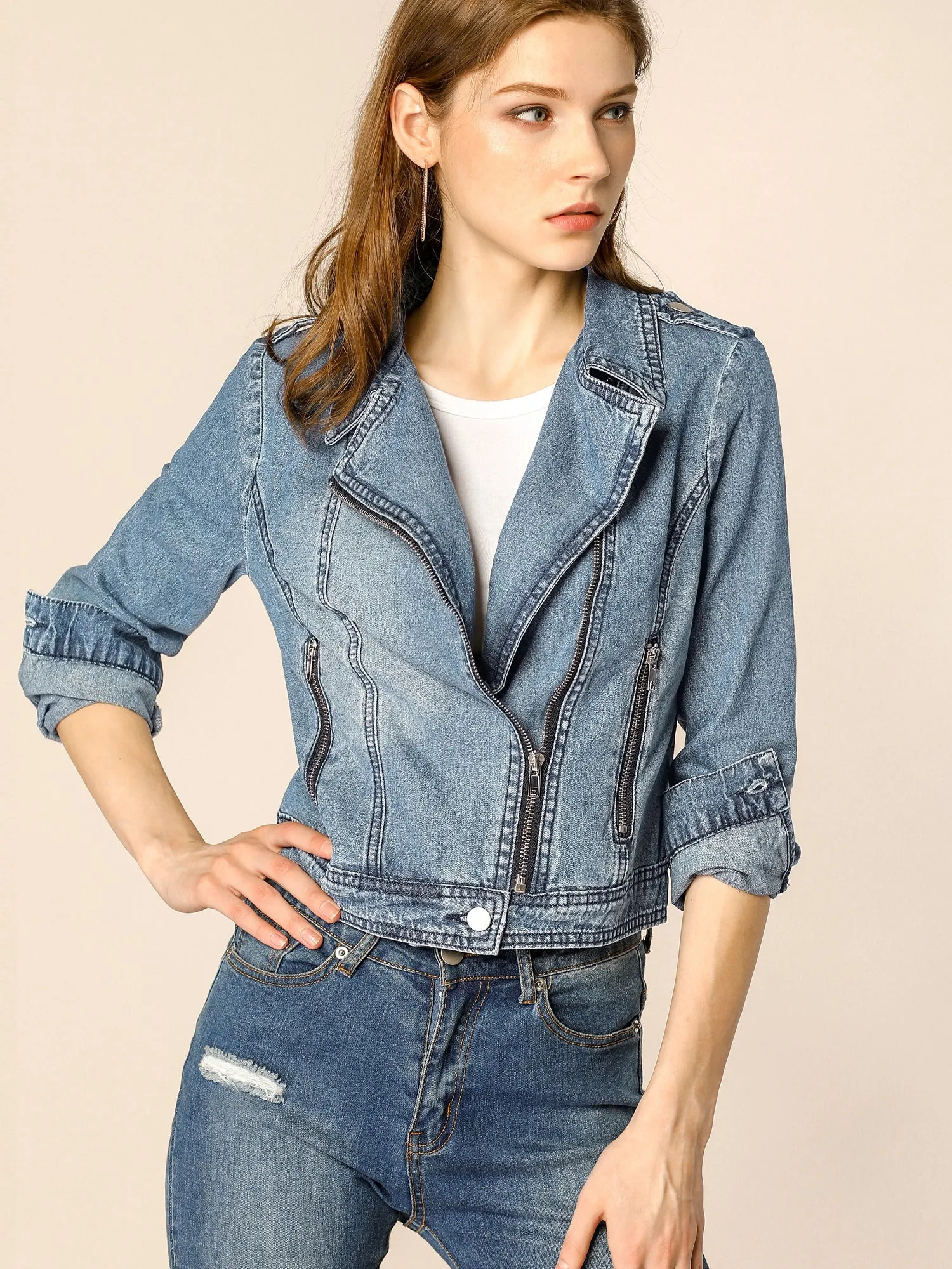Biker Notched Lapel Asymmetric Zip Moto Denim Jackets