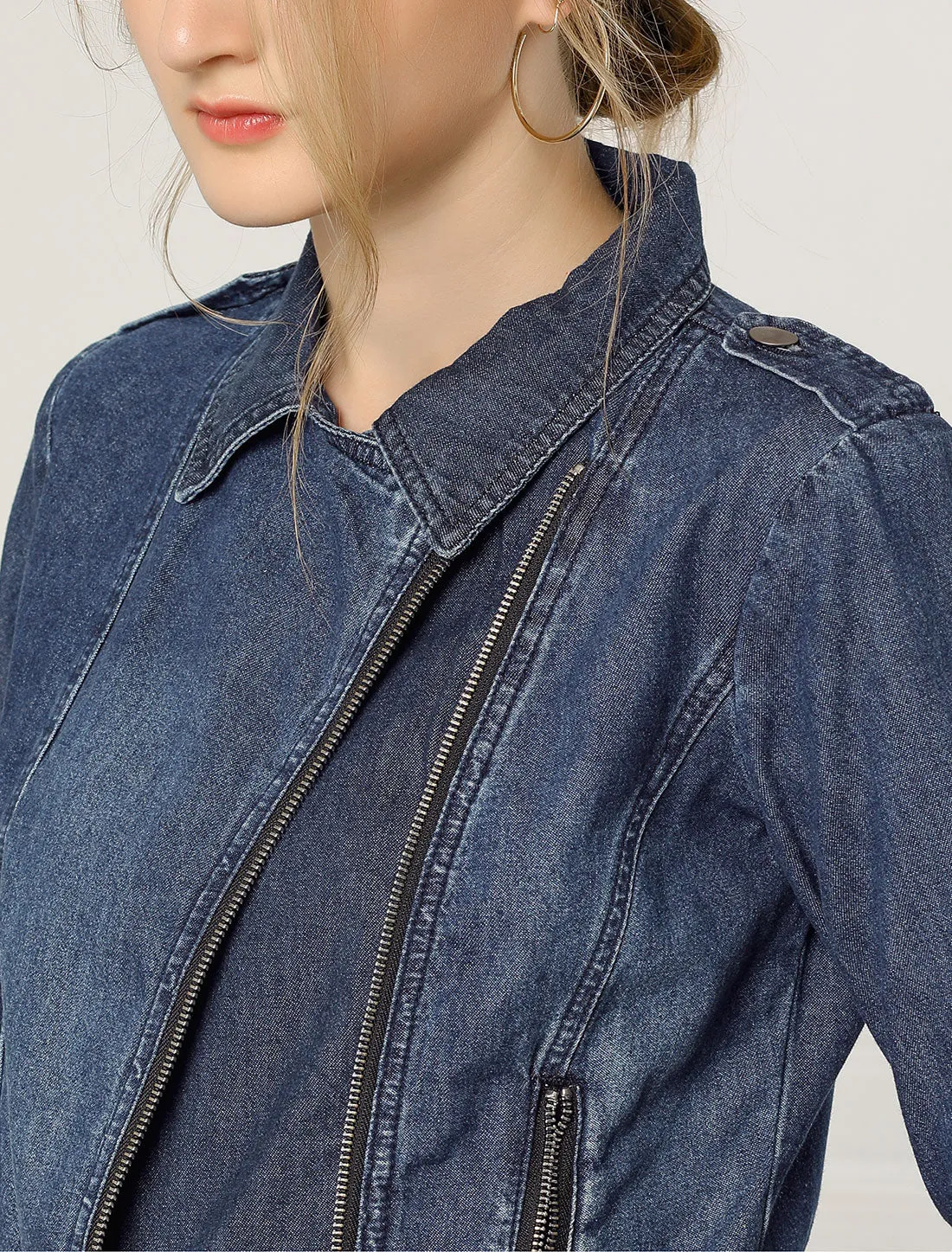 Biker Notched Lapel Asymmetric Zip Moto Denim Jackets