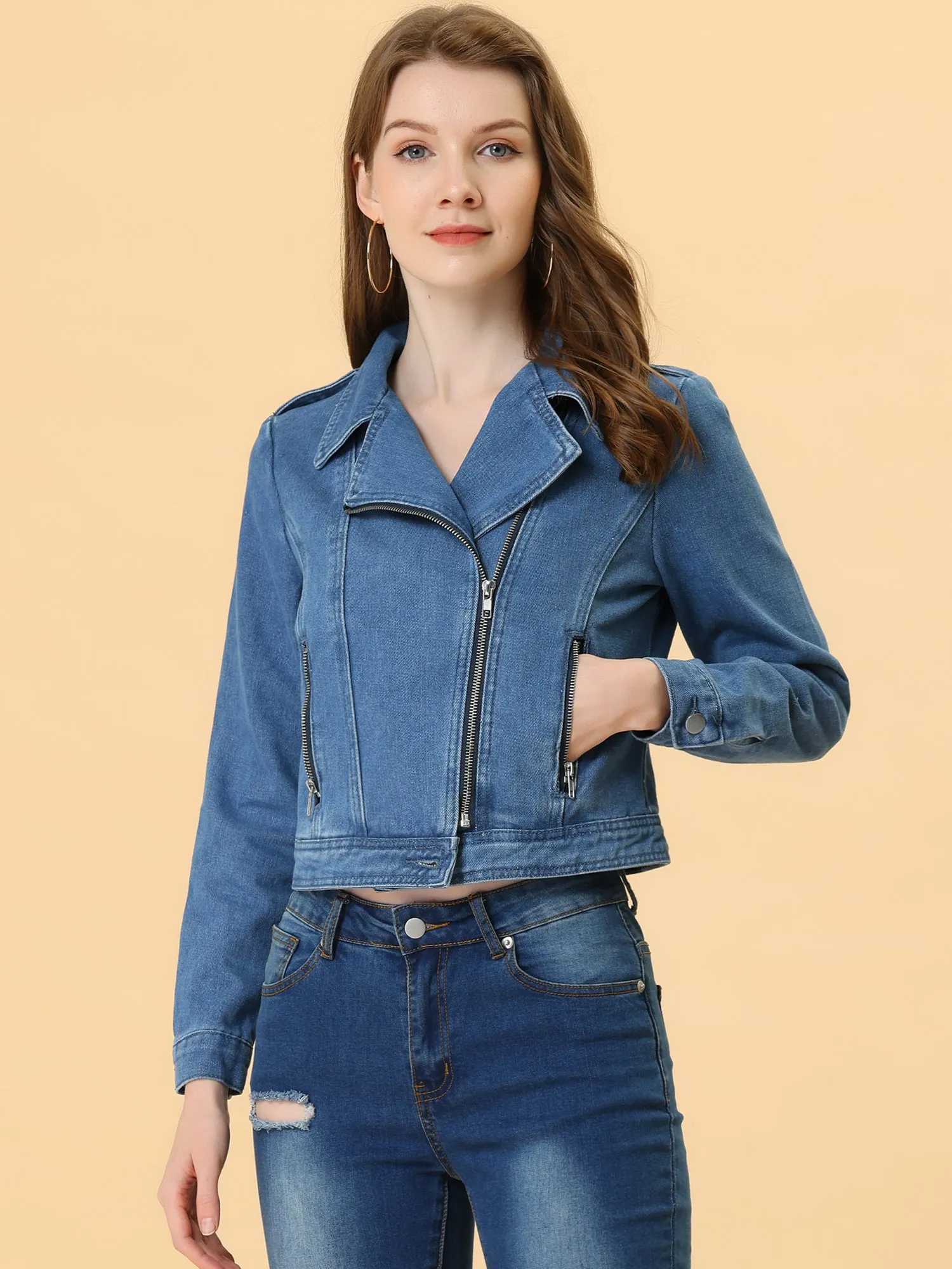 Biker Notched Lapel Asymmetric Zip Moto Denim Jackets