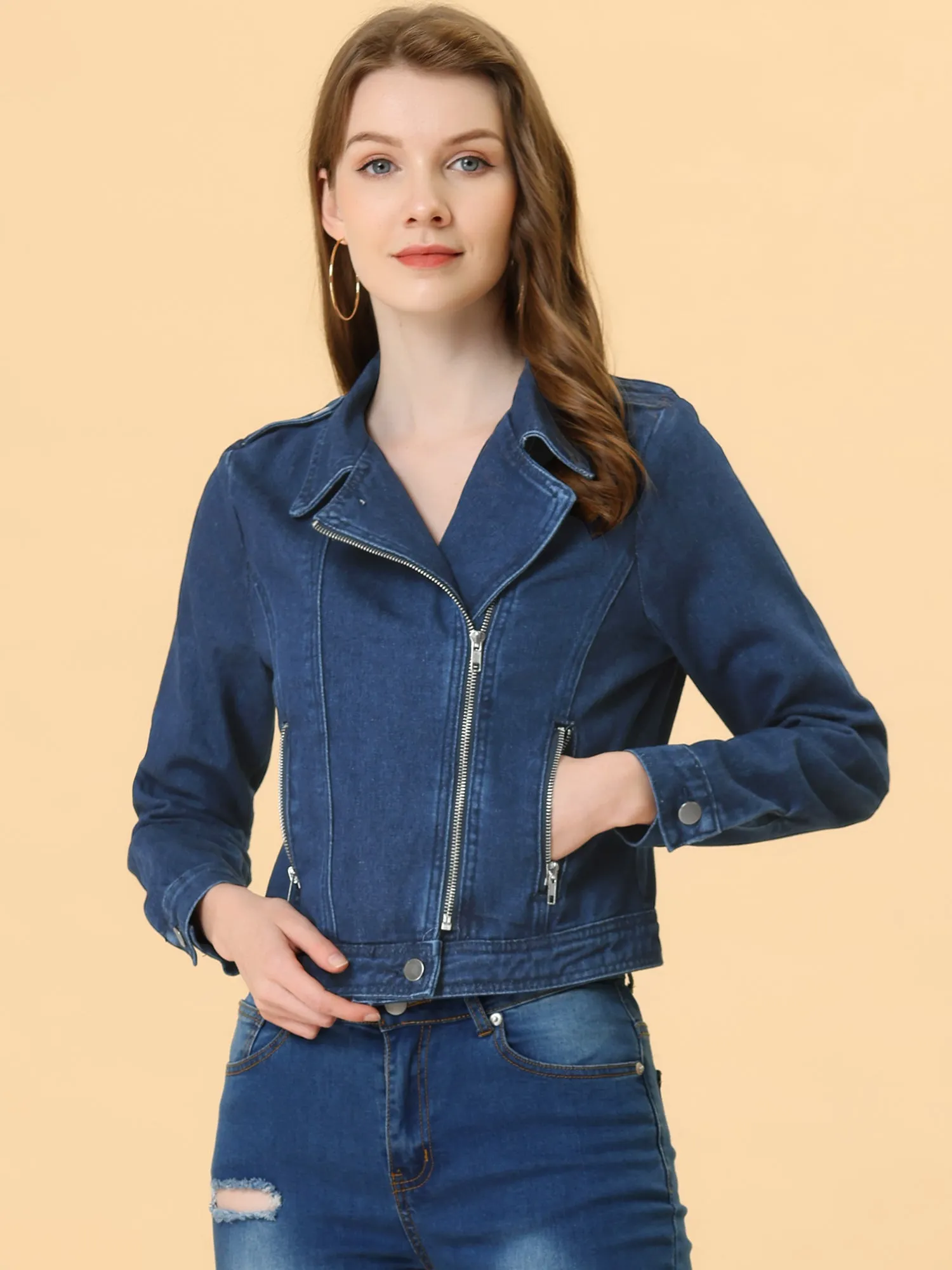 Biker Notched Lapel Asymmetric Zip Moto Denim Jackets
