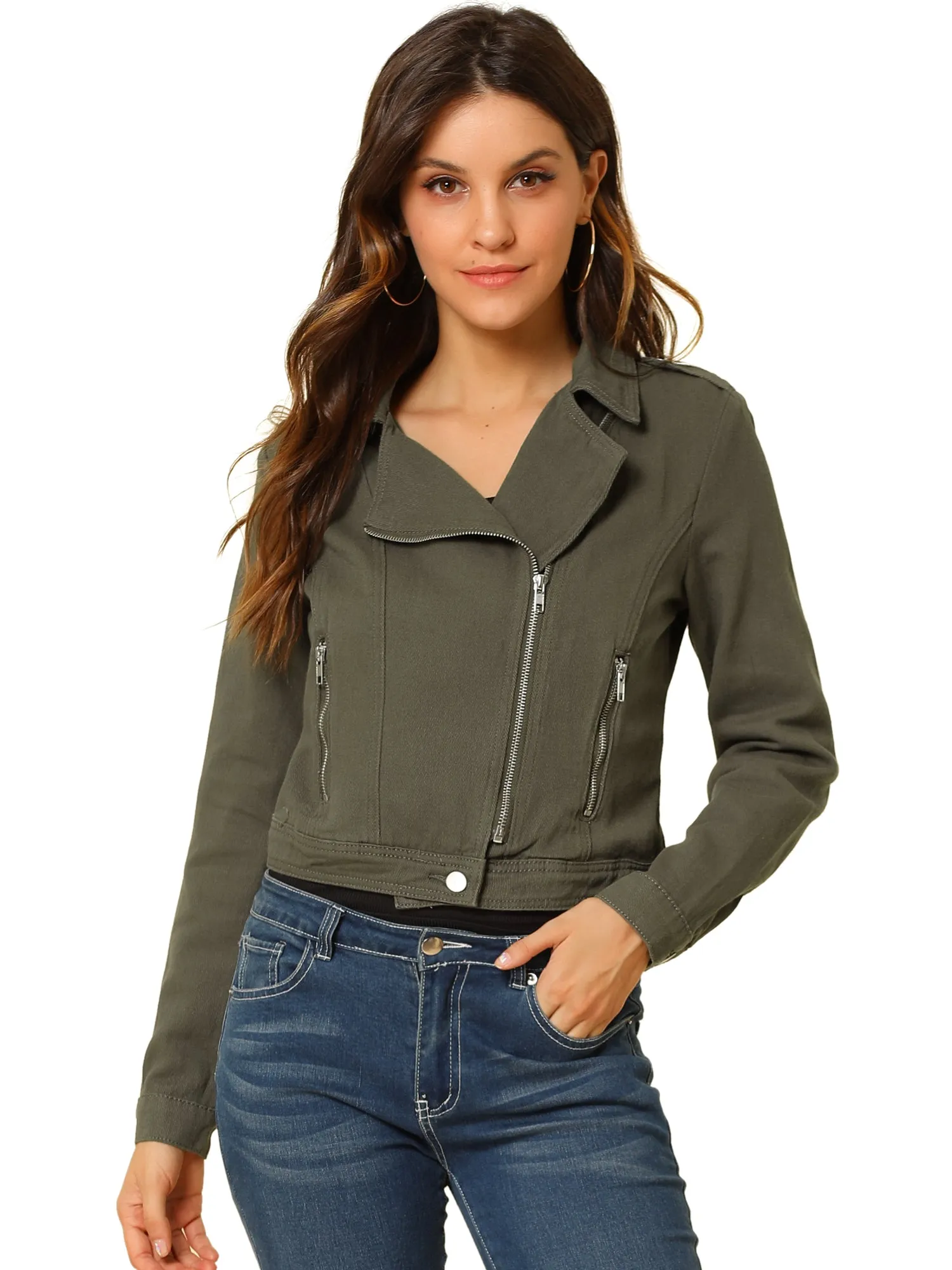 Biker Notched Lapel Asymmetric Zip Moto Denim Jackets