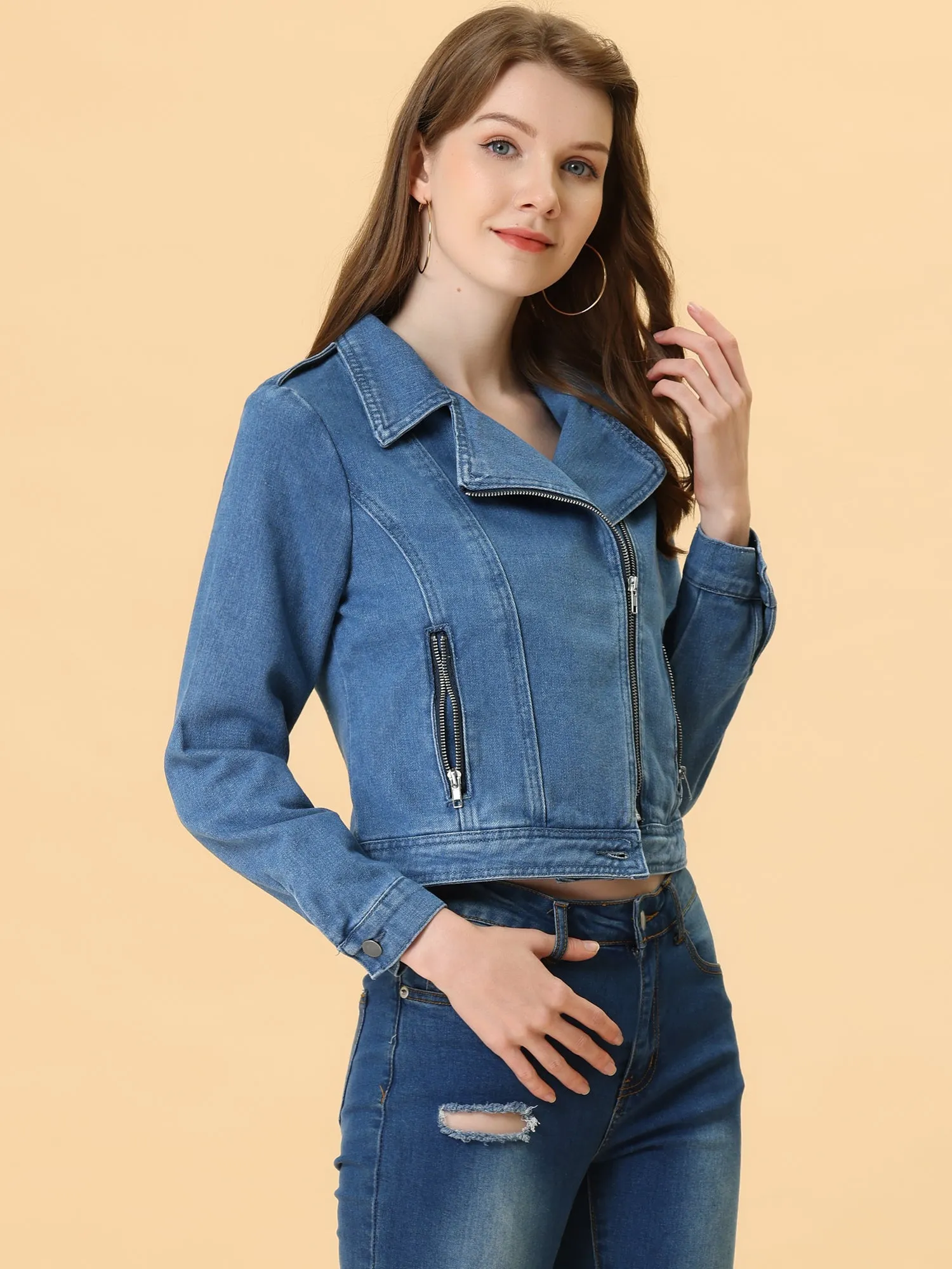 Biker Notched Lapel Asymmetric Zip Moto Denim Jackets