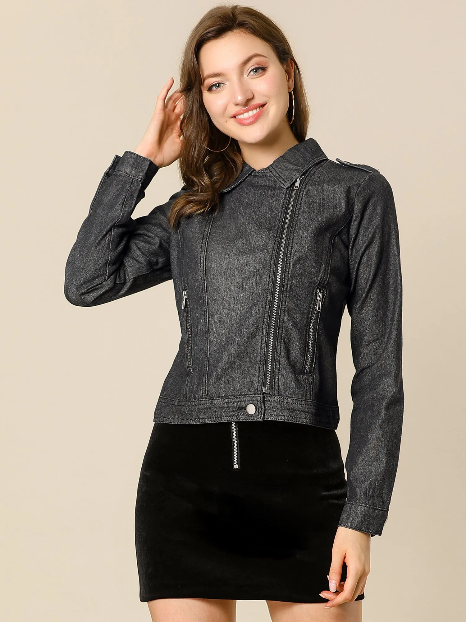 Biker Notched Lapel Asymmetric Zip Moto Denim Jackets