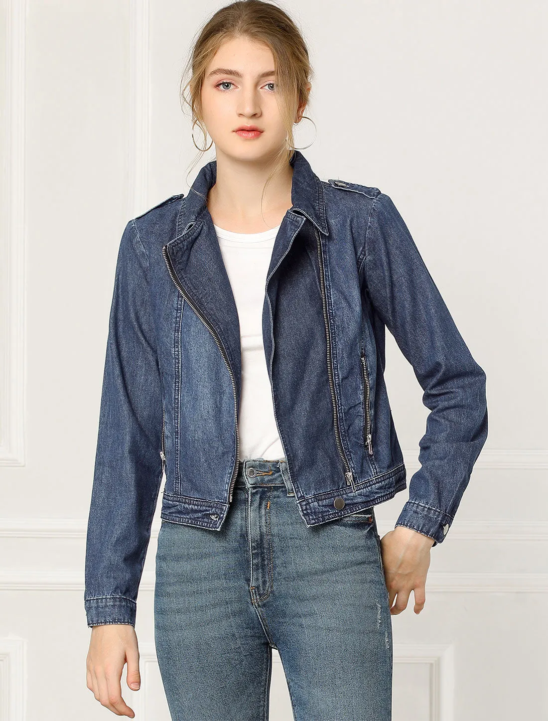 Biker Notched Lapel Asymmetric Zip Moto Denim Jackets