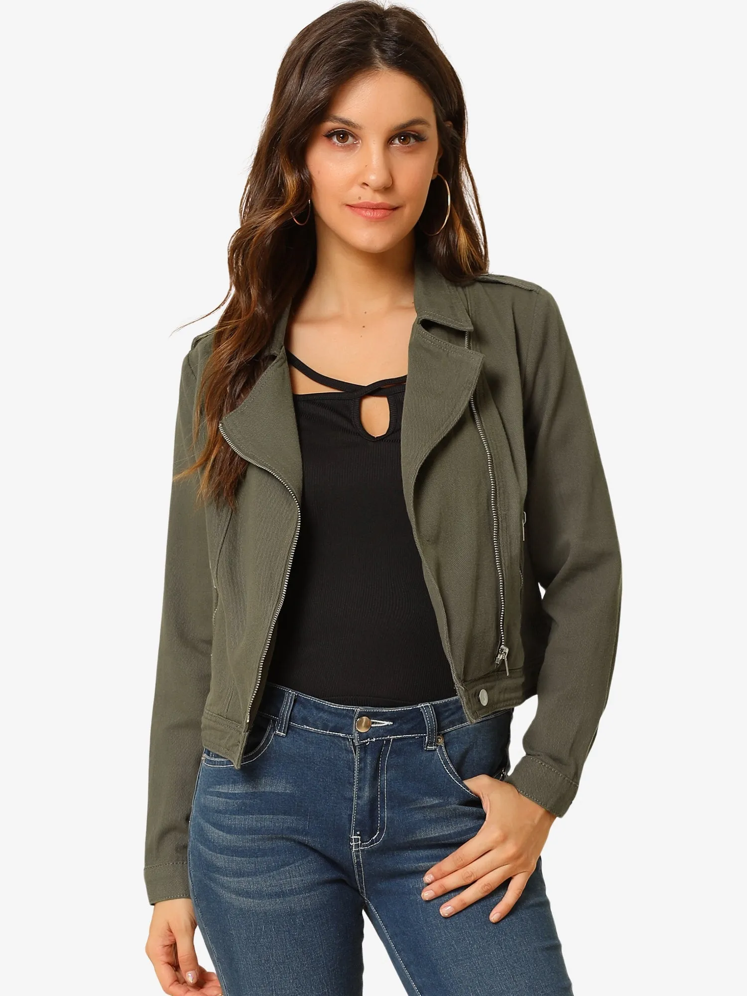 Biker Notched Lapel Asymmetric Zip Moto Denim Jackets