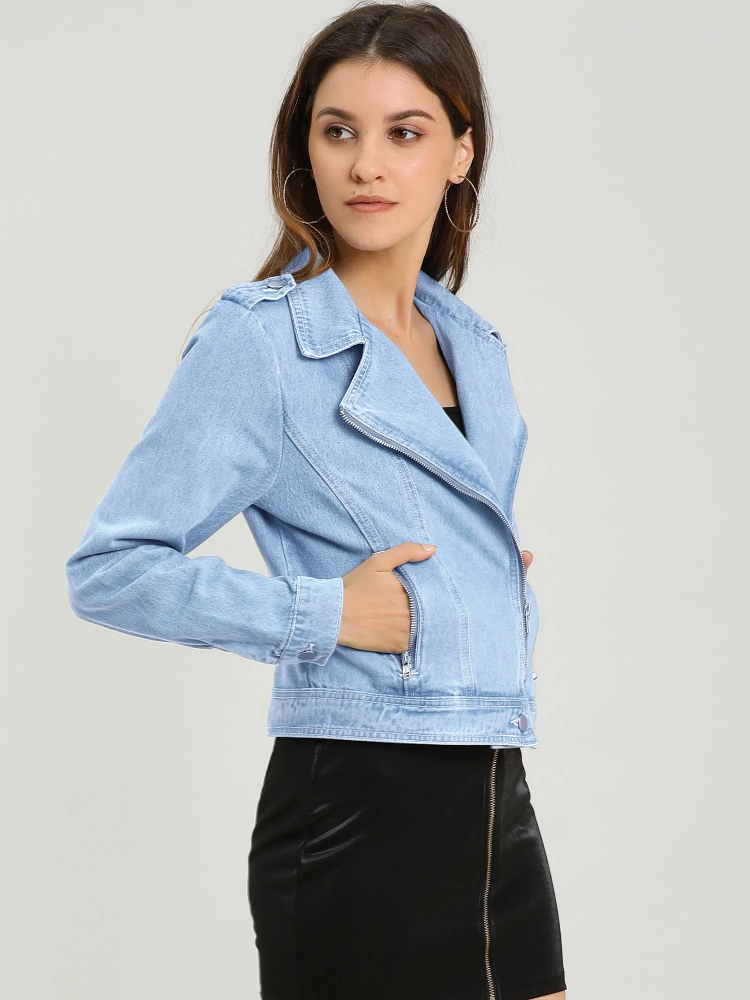 Biker Notched Lapel Asymmetric Zip Moto Denim Jackets
