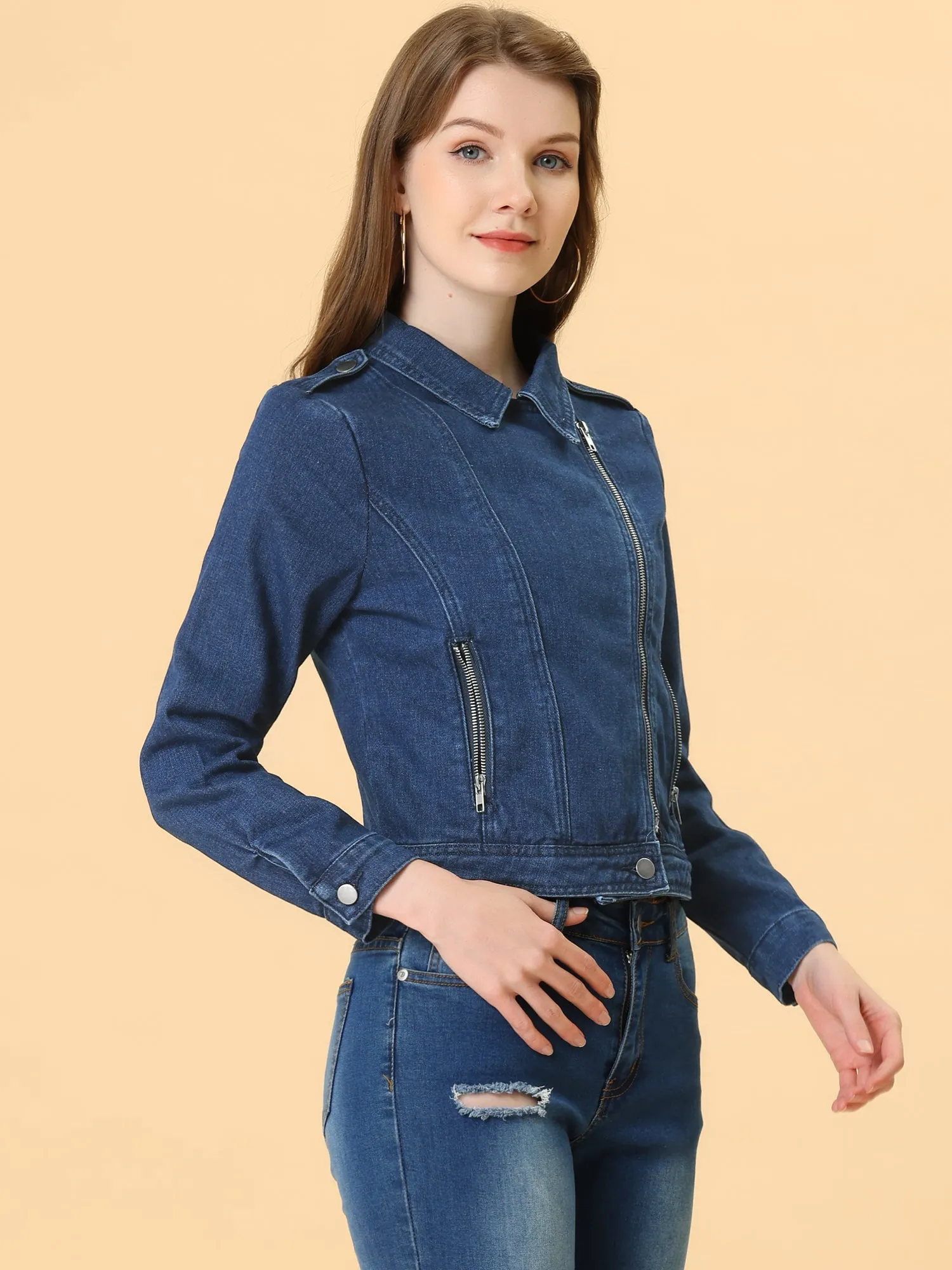 Biker Notched Lapel Asymmetric Zip Moto Denim Jackets
