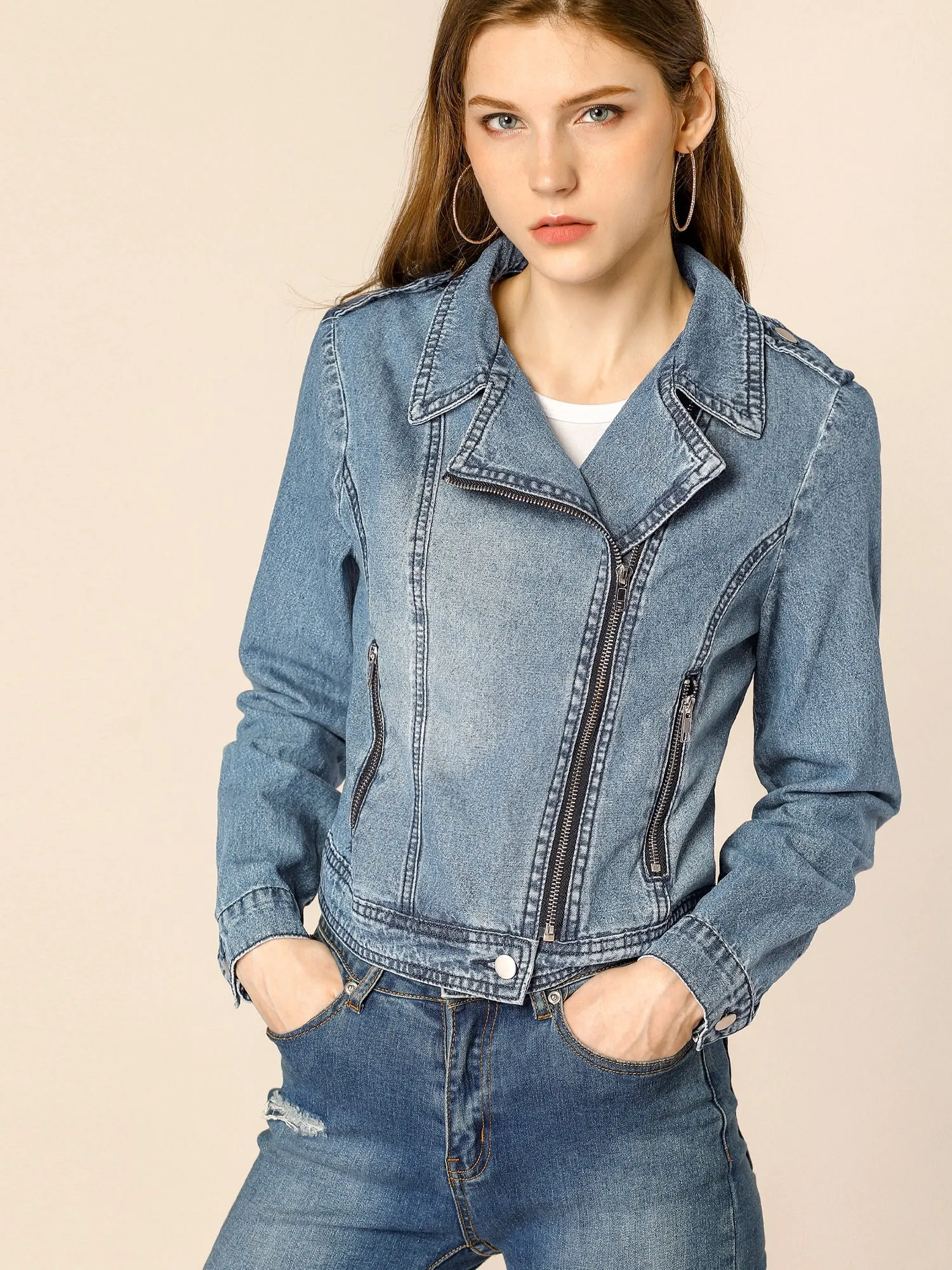 Biker Notched Lapel Asymmetric Zip Moto Denim Jackets