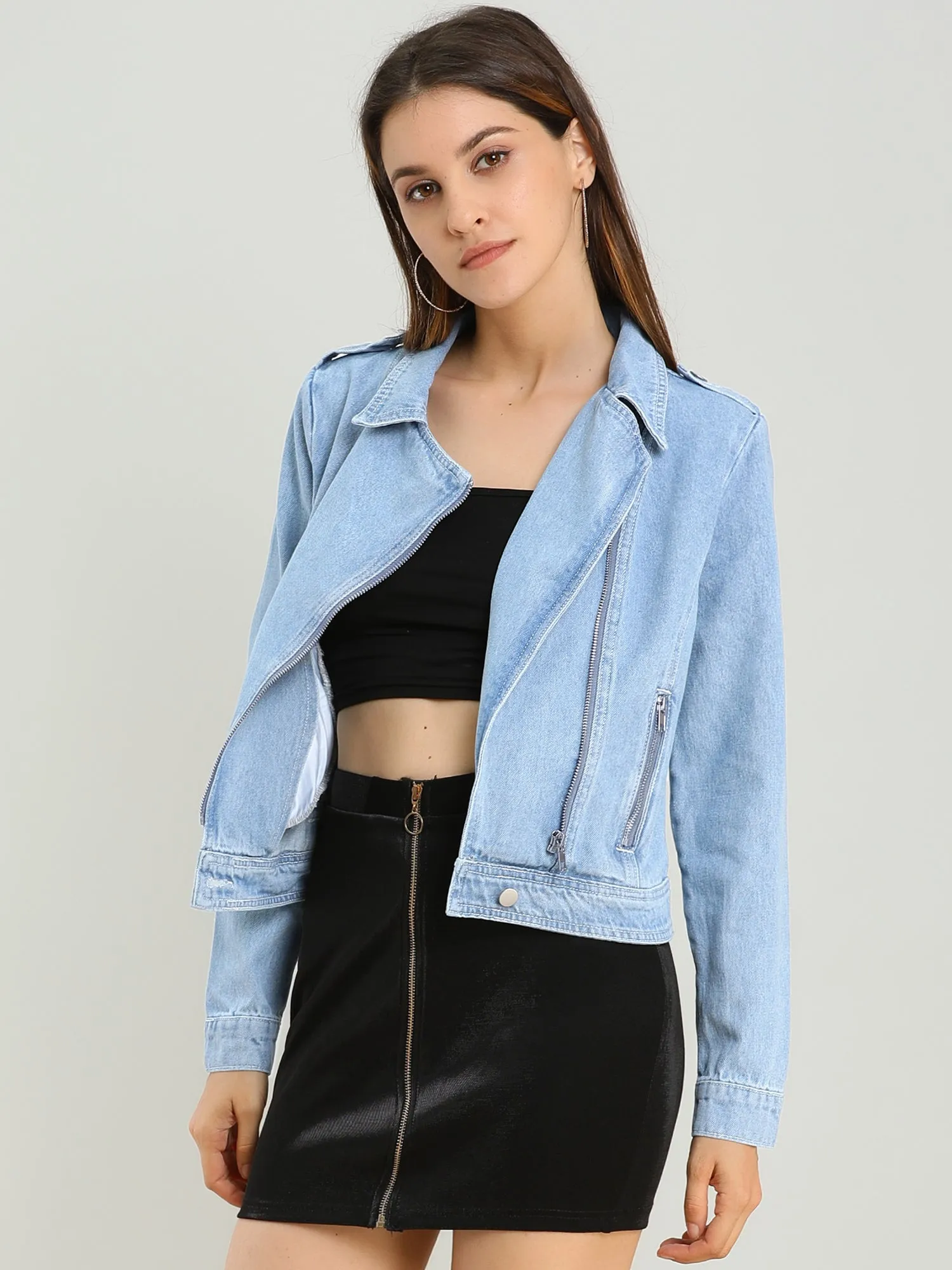 Biker Notched Lapel Asymmetric Zip Moto Denim Jackets