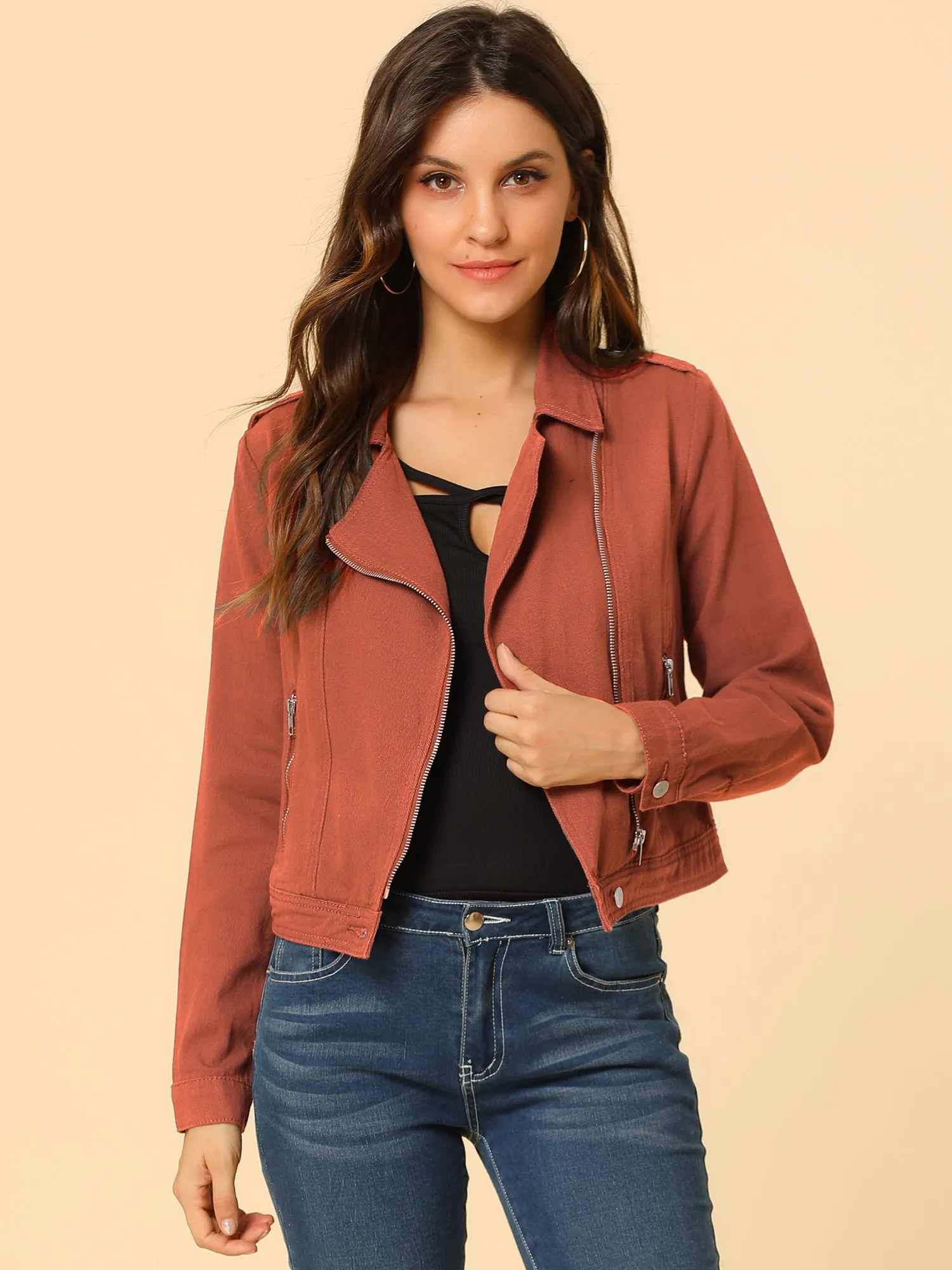 Biker Notched Lapel Asymmetric Zip Moto Denim Jackets