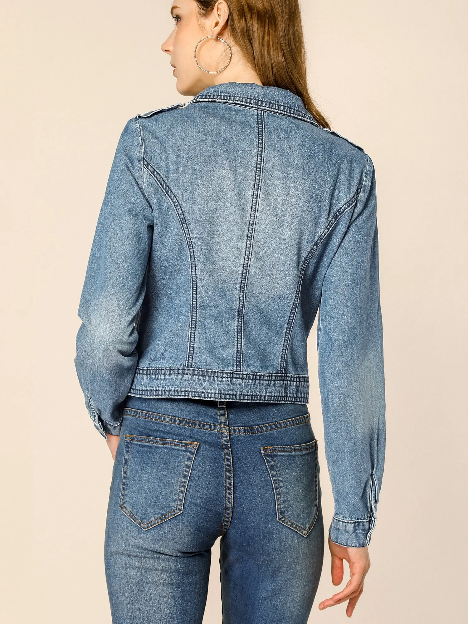 Biker Notched Lapel Asymmetric Zip Moto Denim Jackets
