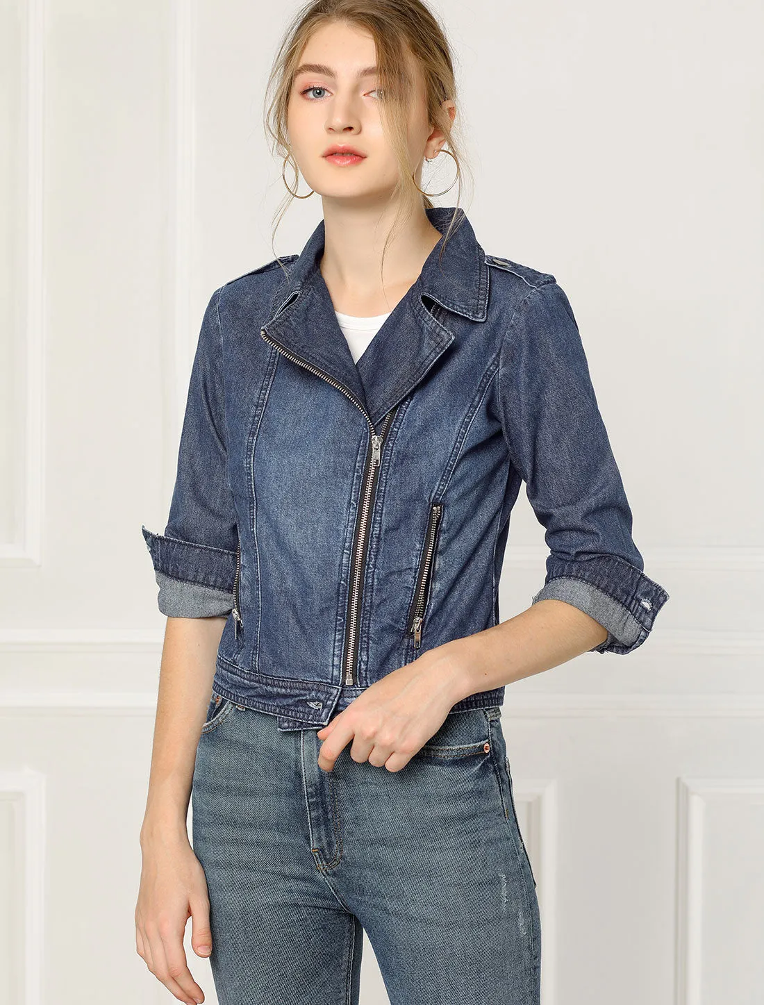 Biker Notched Lapel Asymmetric Zip Moto Denim Jackets