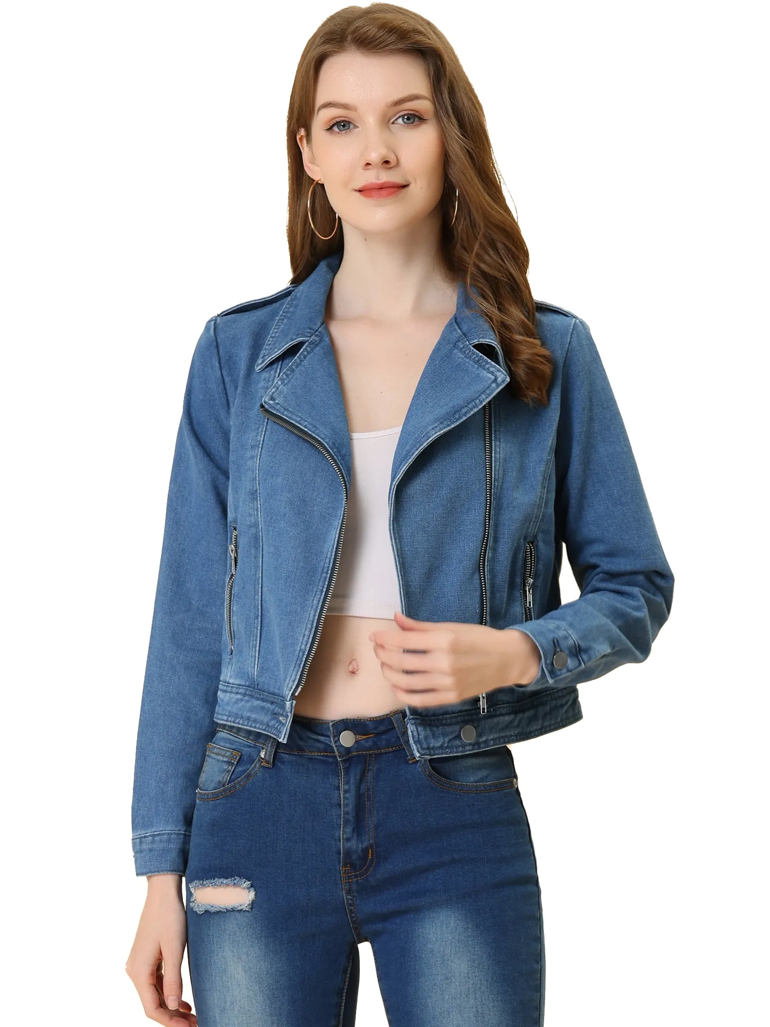 Biker Notched Lapel Asymmetric Zip Moto Denim Jackets