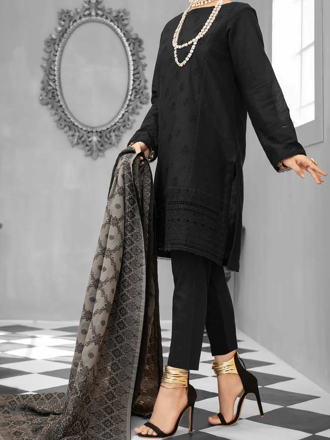 Black Cotton Dobby 3 Piece Stitched - ALP-1027