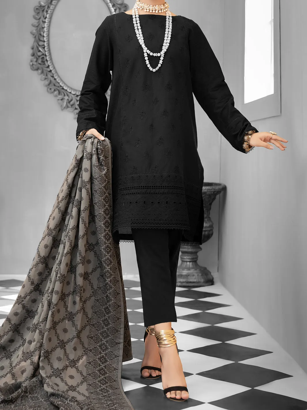 Black Cotton Dobby 3 Piece Stitched - ALP-1027
