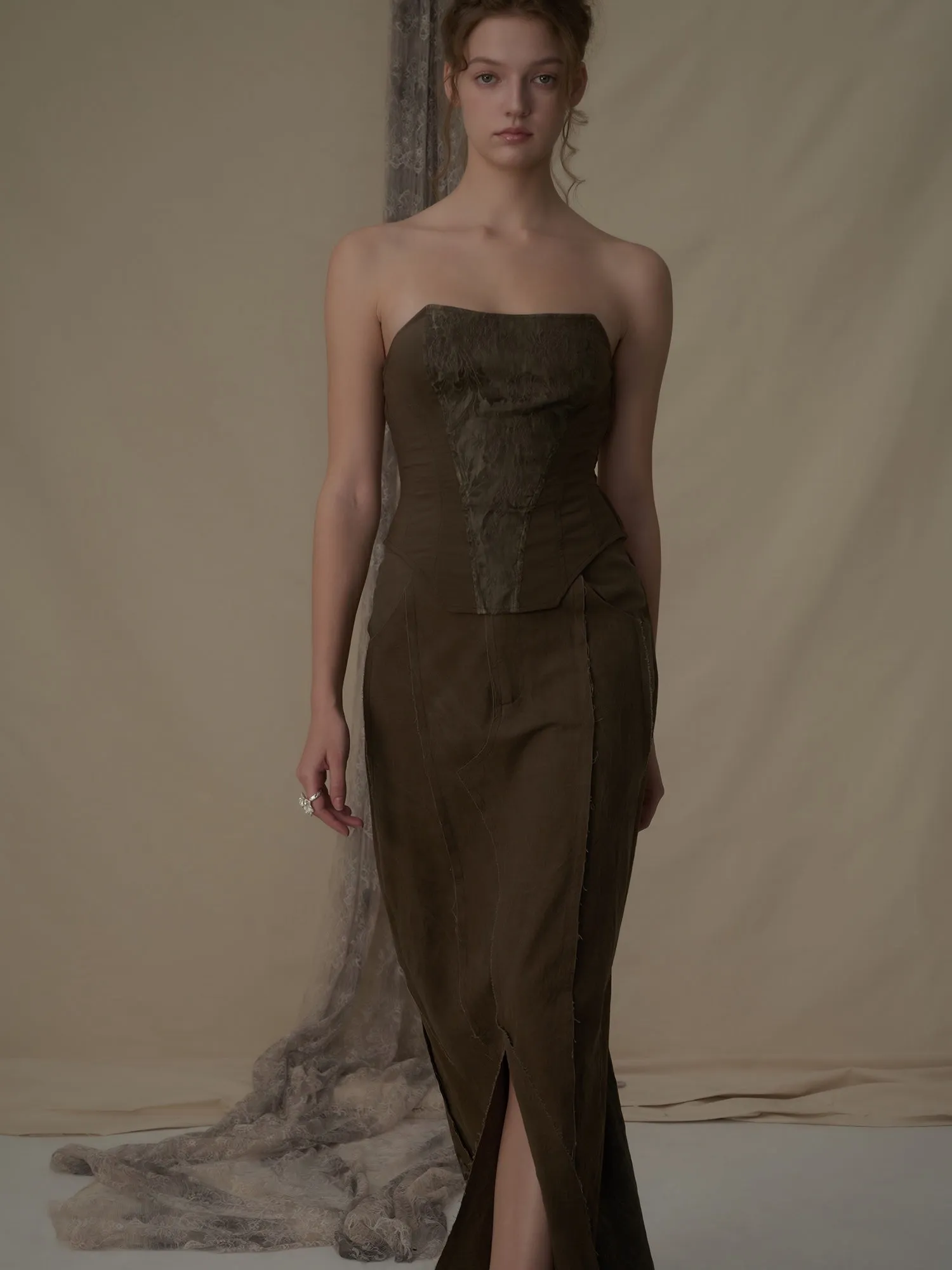 Brown Jacquard Blend Tube Top