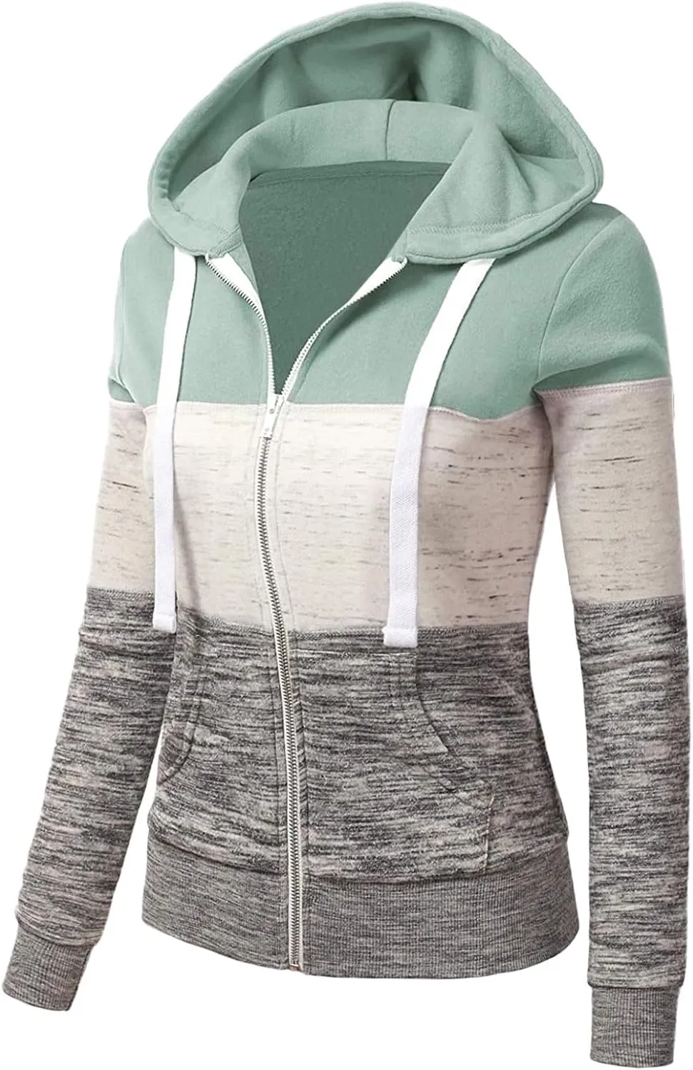 Color Block Zip Up Hoodies for Women Lightweight Thin Hooded Sweatshirt Long Sleeve Top with Pockets
