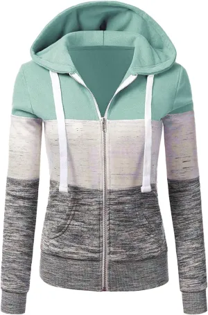 Color Block Zip Up Hoodies for Women Lightweight Thin Hooded Sweatshirt Long Sleeve Top with Pockets