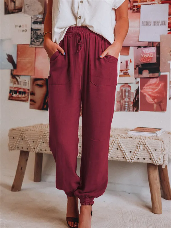 Drawstring Elastic Waist Linen Pants