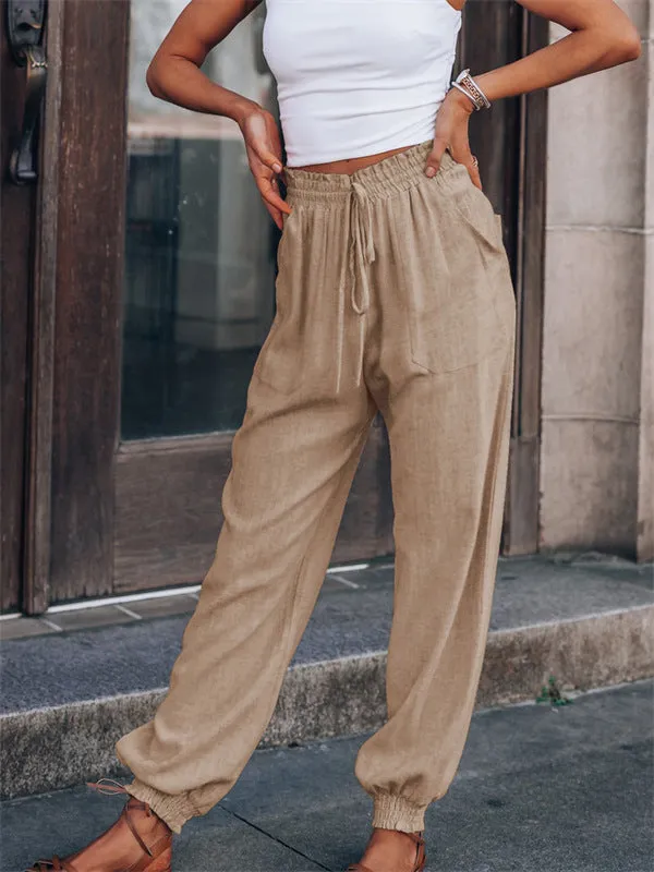 Drawstring Elastic Waist Linen Pants