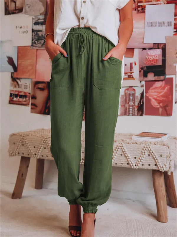 Drawstring Elastic Waist Linen Pants