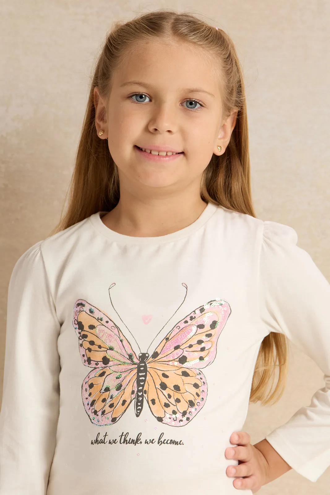 Girls White Butterfly Print T-Shirt