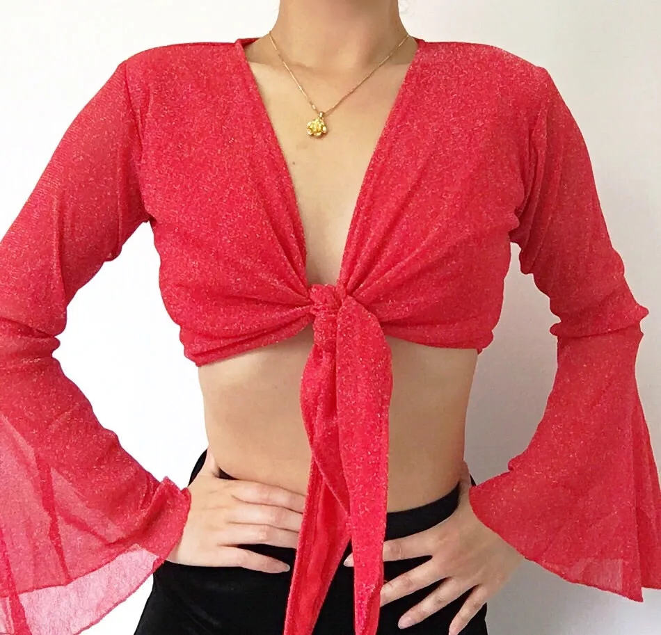 GLITTER BELL SLEEVES WRAP FRONT TIE TOP