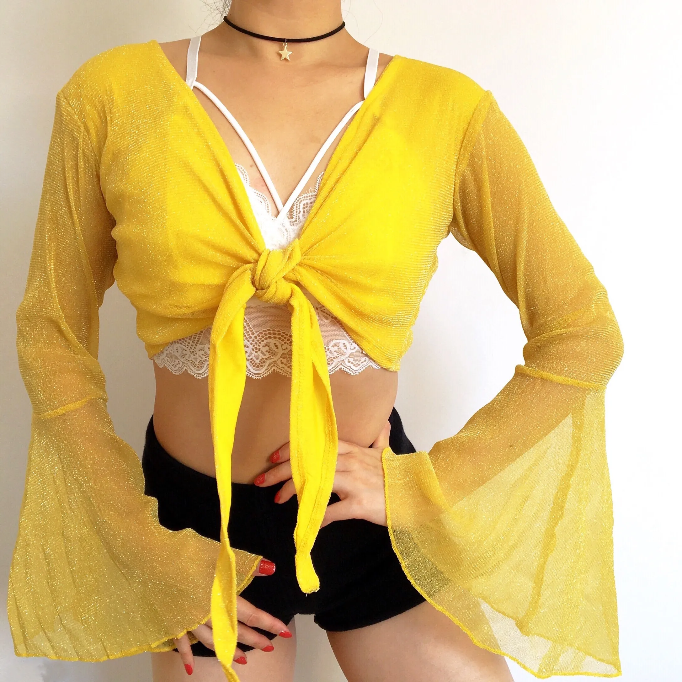 GLITTER BELL SLEEVES WRAP FRONT TIE TOP