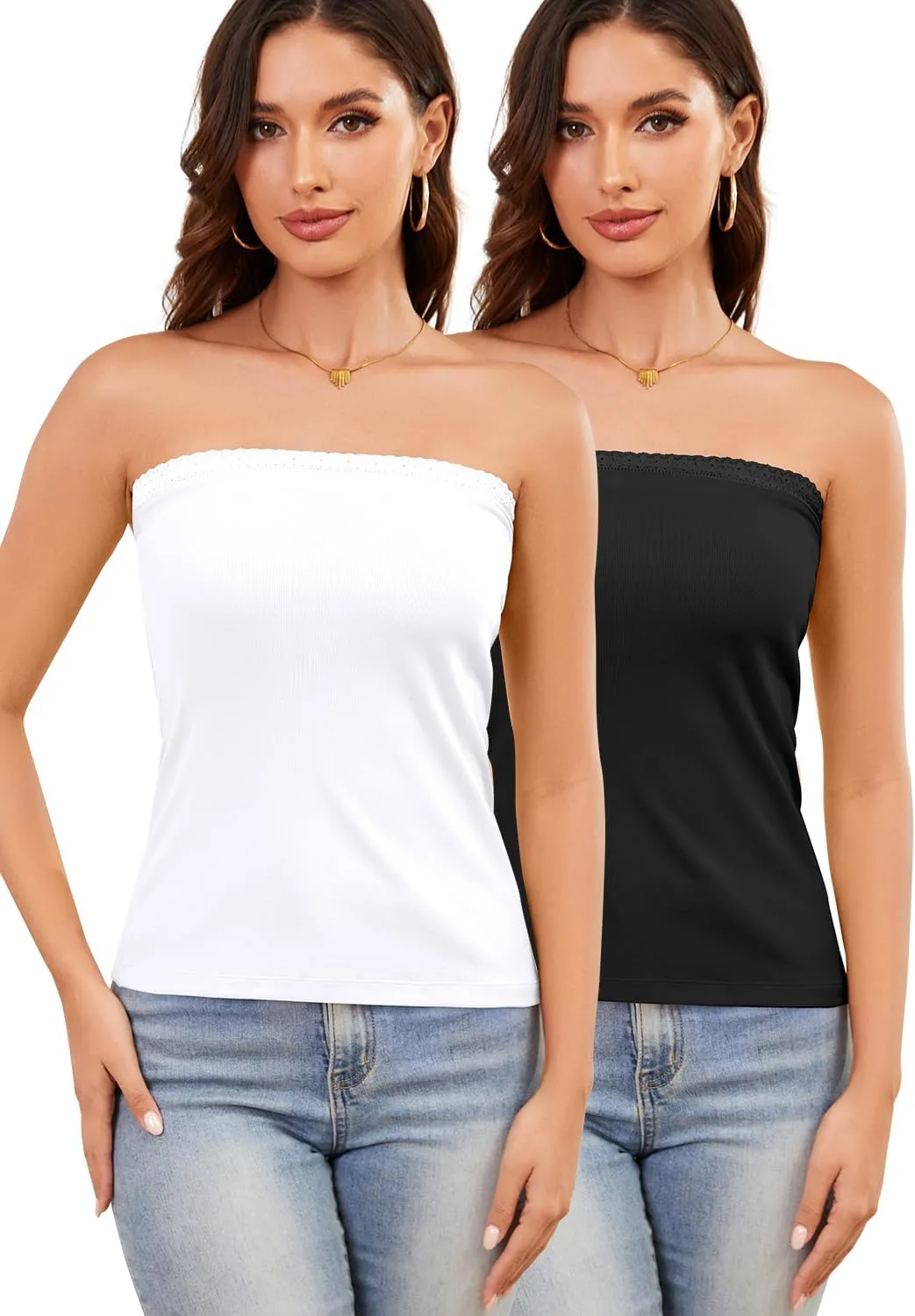Lace Tube Tops for Women Cotton Ribbed Bandeau Sexy Strapless Camisoles 2 Pieces