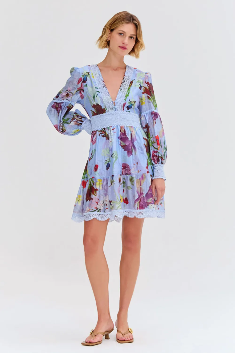 LILY FLOWER LONG SLEEVE PLUNGE MINI DRESS