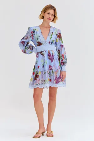 LILY FLOWER LONG SLEEVE PLUNGE MINI DRESS