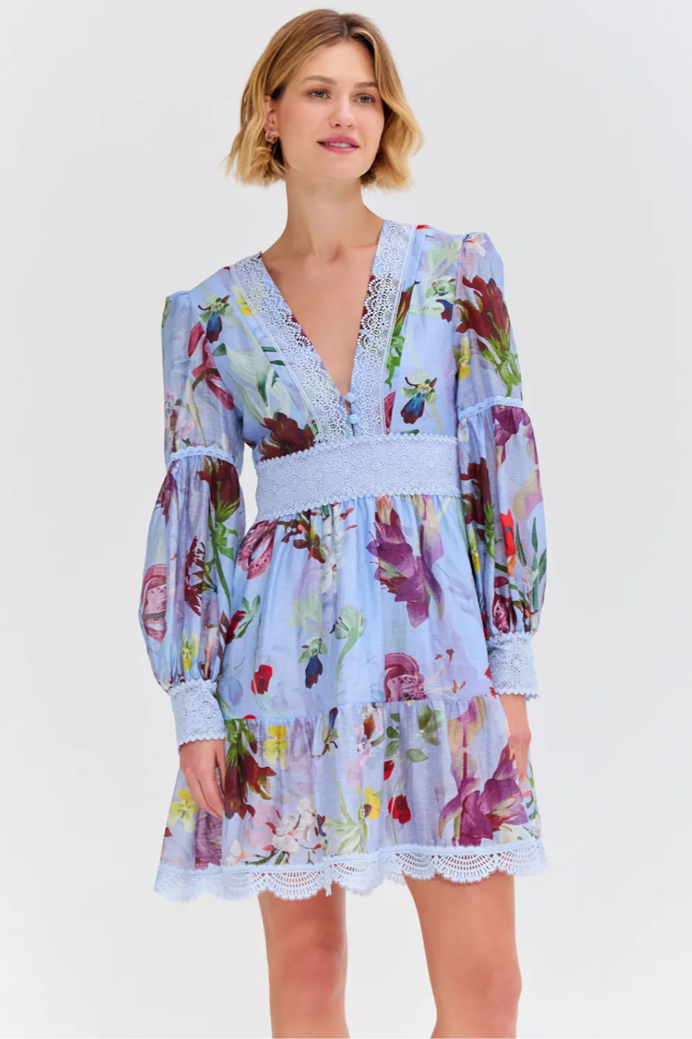 LILY FLOWER LONG SLEEVE PLUNGE MINI DRESS