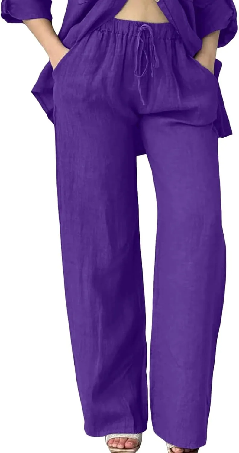 Linen Cotton Pants for Women Summer 2025 Casual Straight High Waisted Drawstring Long Leg Wide Trousers with Pockets