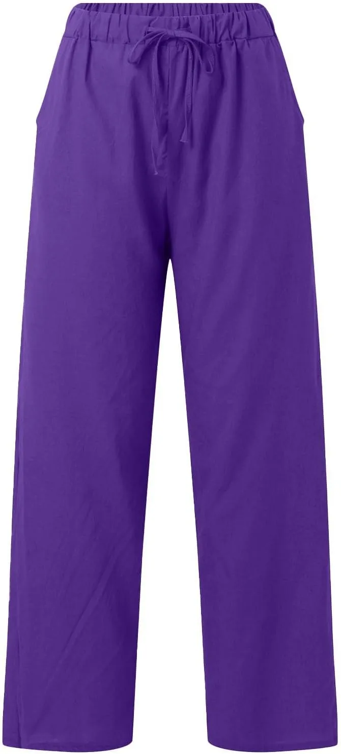 Linen Cotton Pants for Women Summer 2025 Casual Straight High Waisted Drawstring Long Leg Wide Trousers with Pockets
