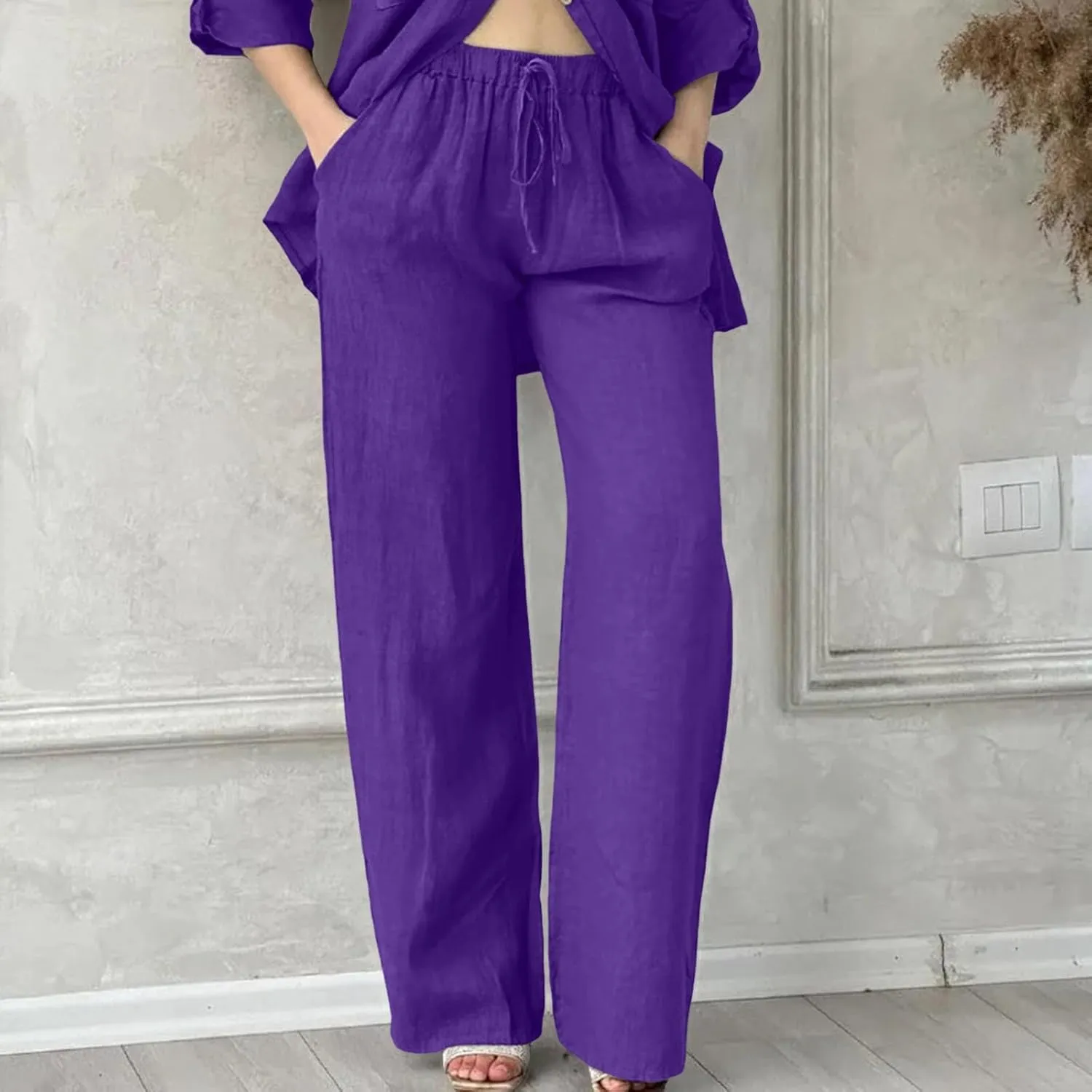 Linen Cotton Pants for Women Summer 2025 Casual Straight High Waisted Drawstring Long Leg Wide Trousers with Pockets