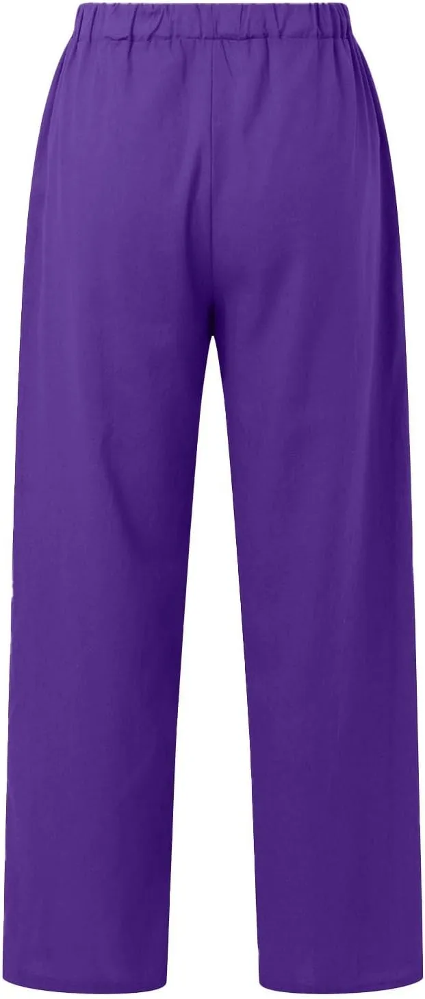 Linen Cotton Pants for Women Summer 2025 Casual Straight High Waisted Drawstring Long Leg Wide Trousers with Pockets