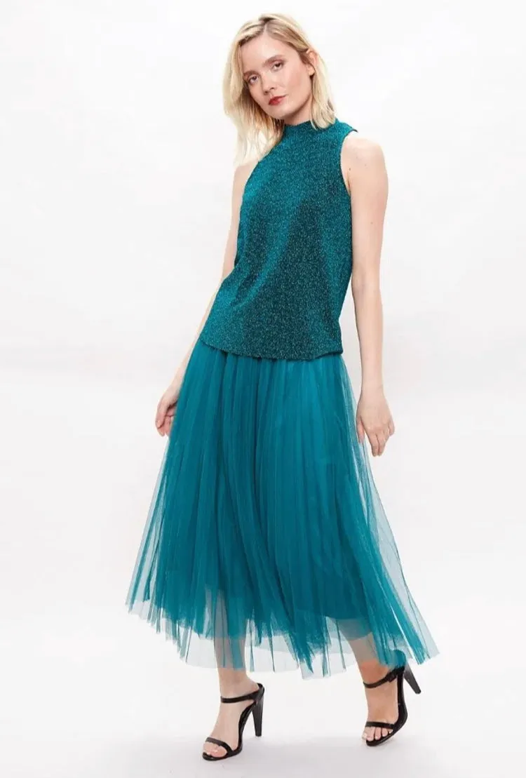 Louche Krista Turtle Neck Lurex Sleeveless Top Petrol
